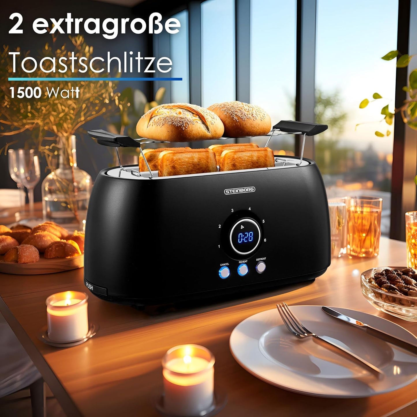 Langschlitztoaster mit Brötchenaufsatz, Schwarz