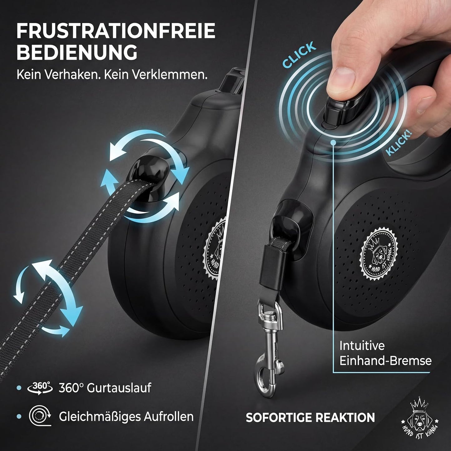 Rollleine mit bequemen Griff, L | 5m | bis 50kg Schwarz