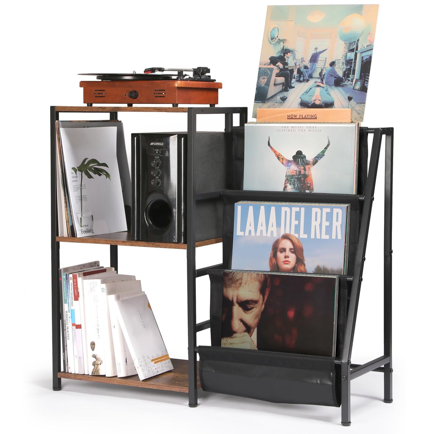 Plattenspieler-Tisch mit Vinyl-Aufbewahrung, Rustikales Braun+schwarz