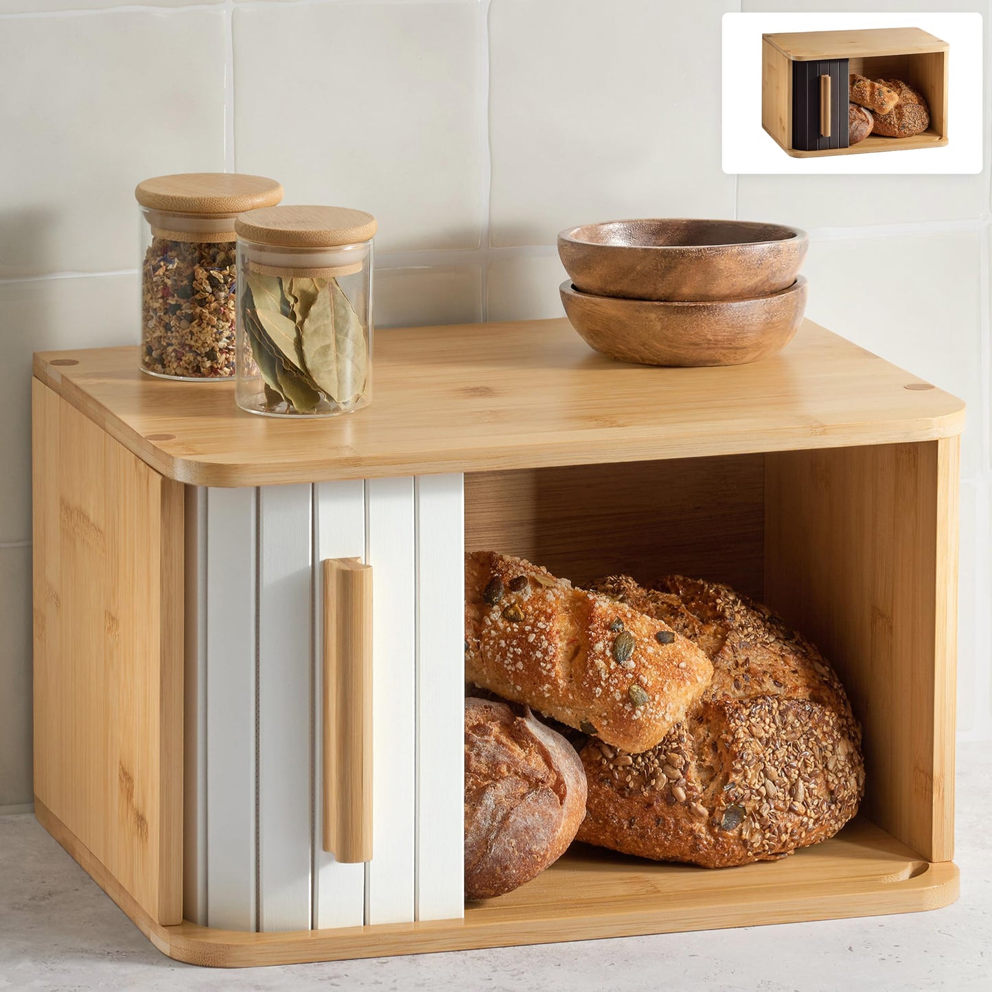 Kompakte Brotbox aus FSC Holz mit Schiebetür, Weiss