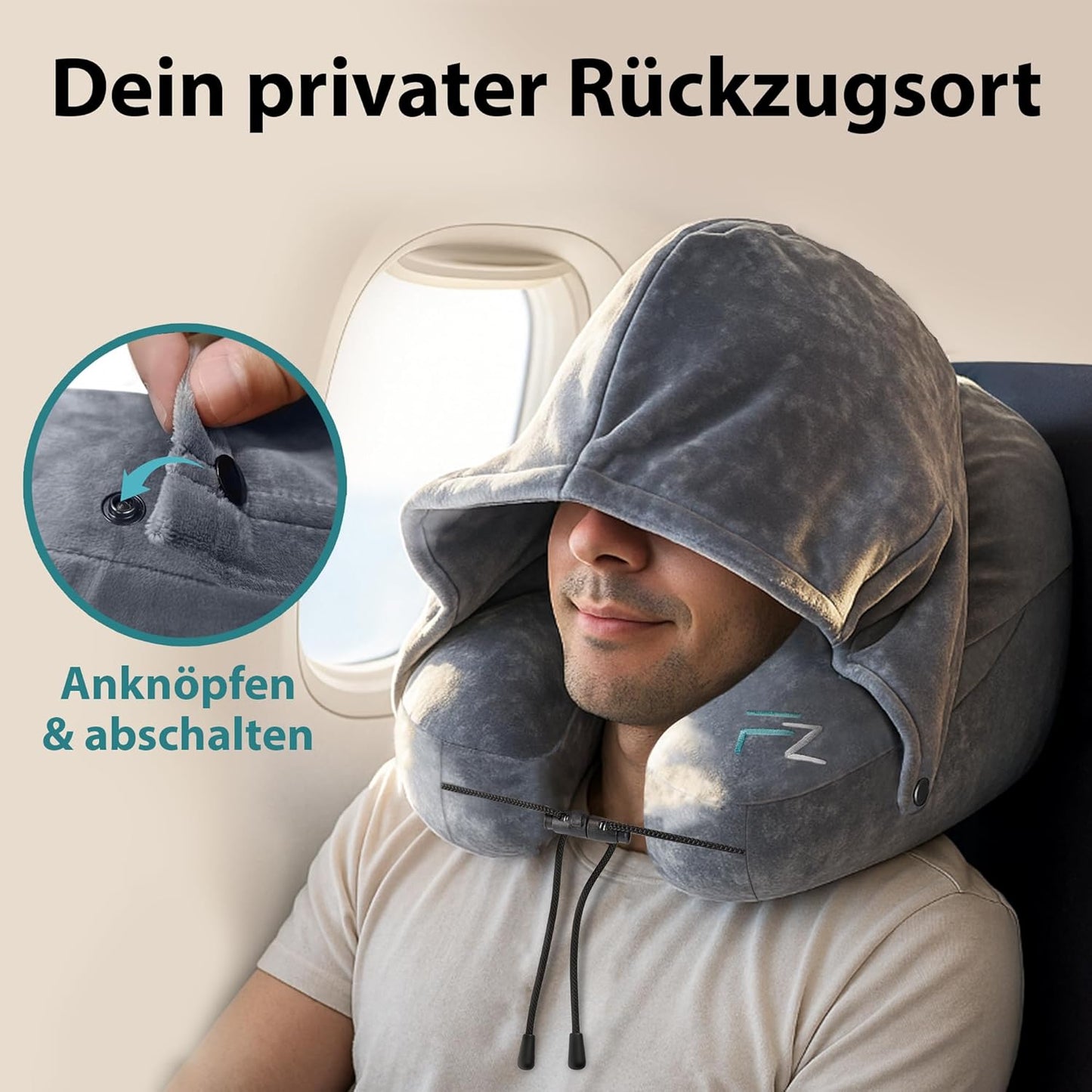 Aufblasbares Nackenkissen mit Kapuze, 1) Grau - Grösse L