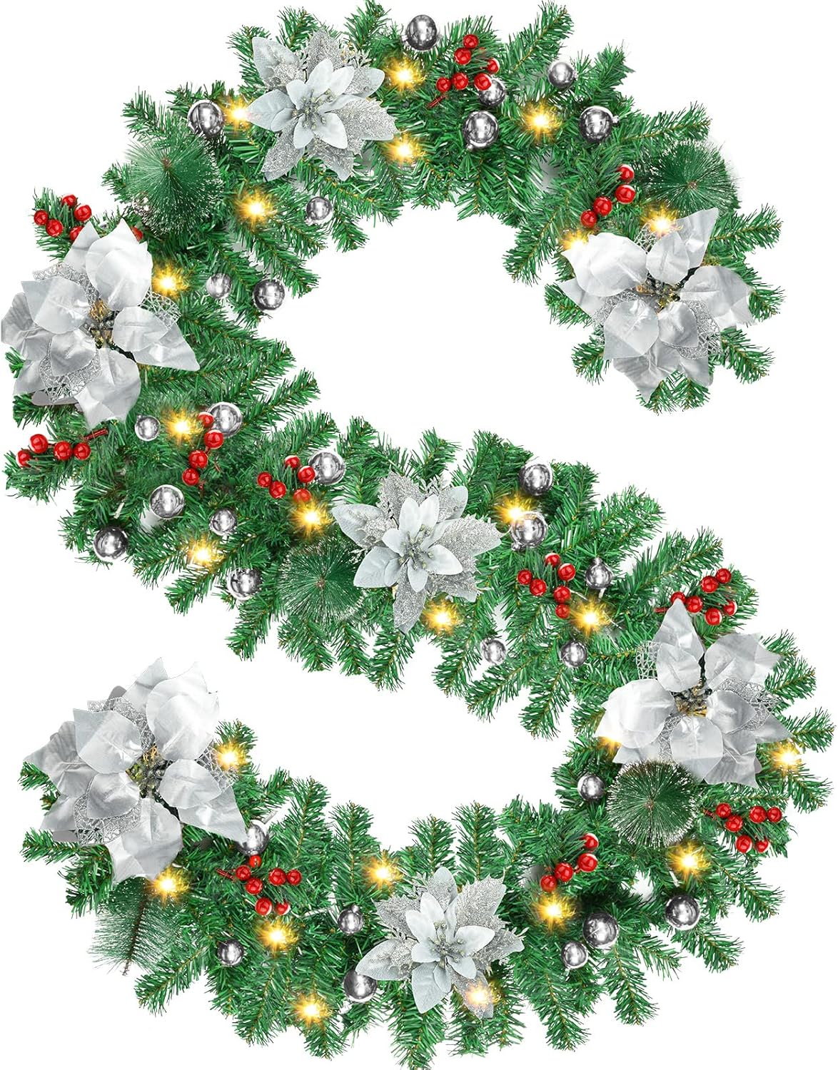 Weihnachtsgirlande mit Blumen und Beeren, Silber
