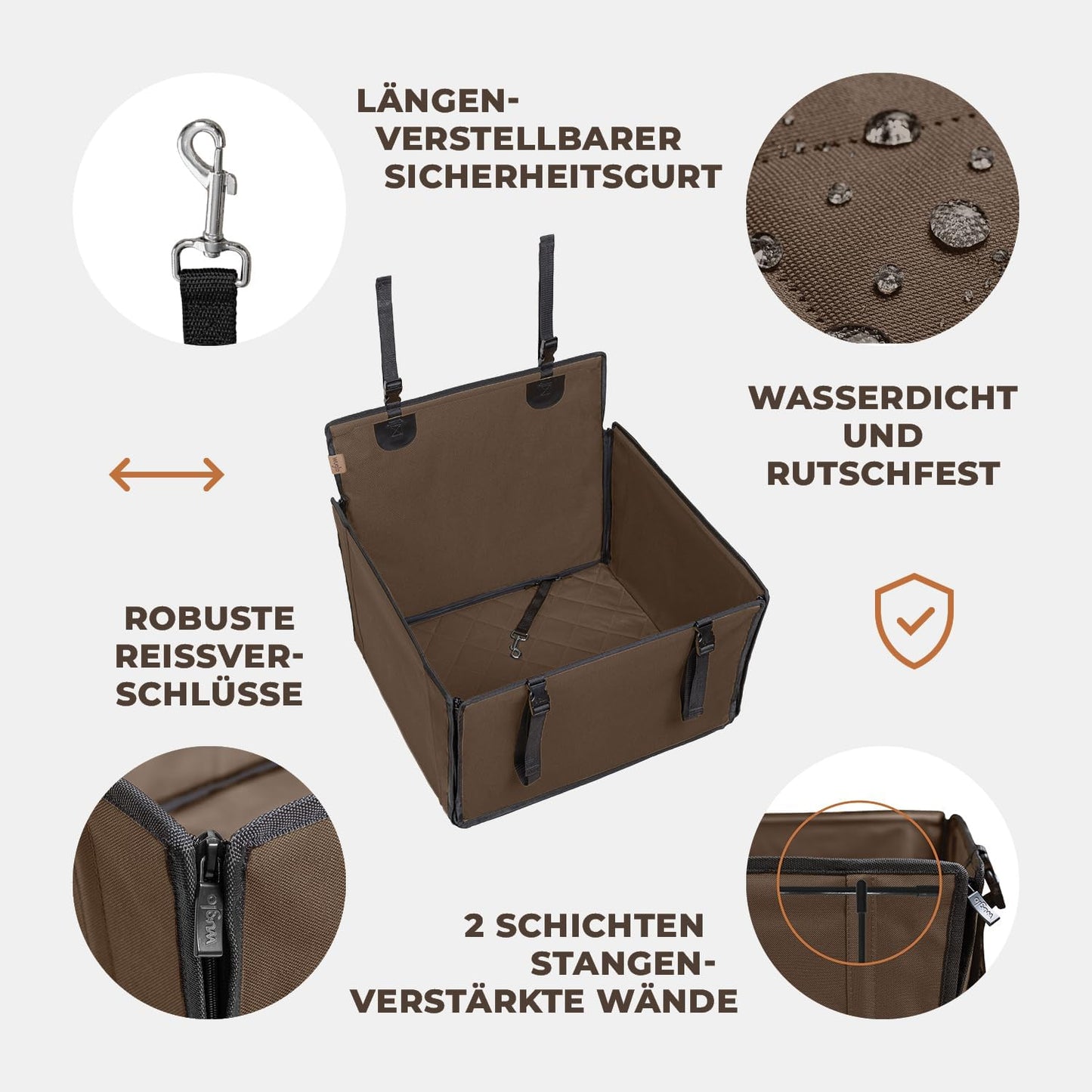 Hundeautositz mit 4 Befestigungsgurten, wasserdicht, M Braun