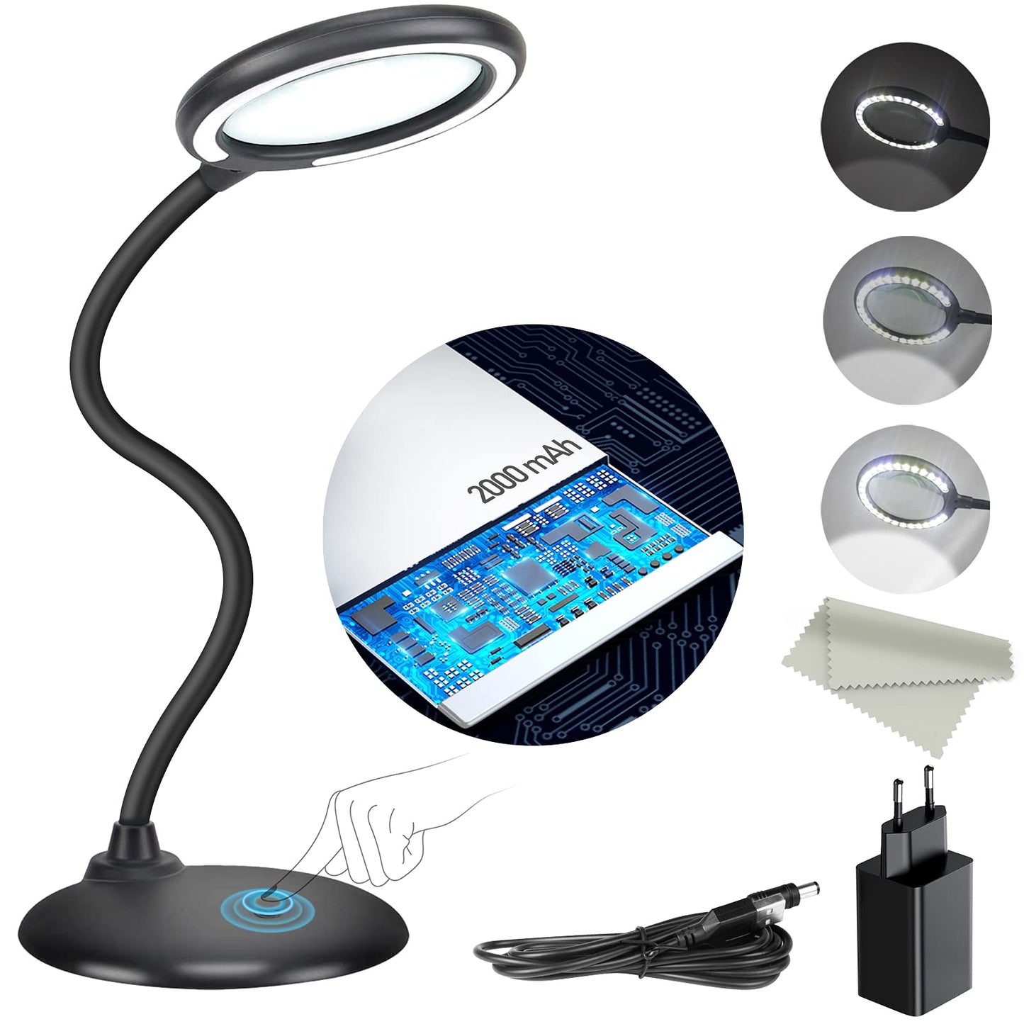 Wiederaufladbare 5-fache Vergrösserungs-Schreibtischlampe, Black-battery