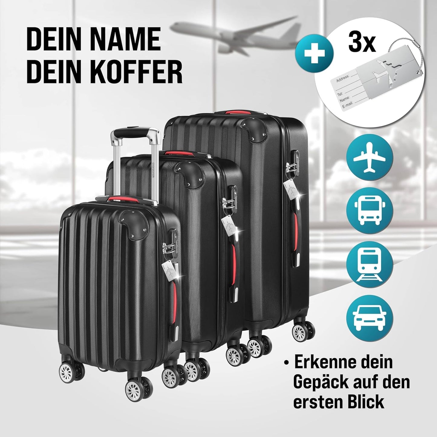 3-teiliges Hartschalenkoffer-Set, Schwarz