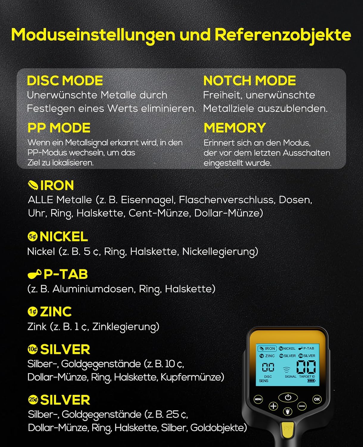 Metalldetektor mit LCD-Display und Teleskopstange, Gelb