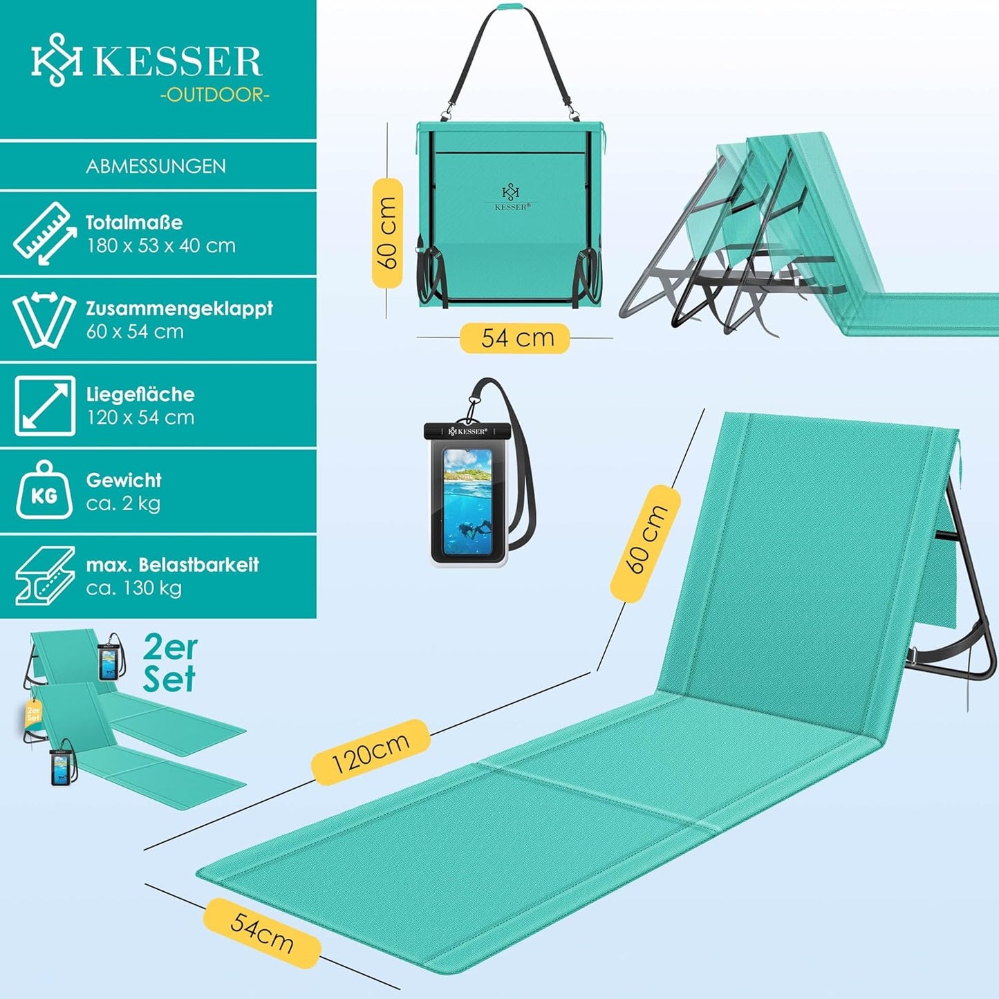 Klappbare Strandmatte mit verstellbarer Rückenlehne und Tragegurt 2er-Set, 2 Stück Aqua Blue