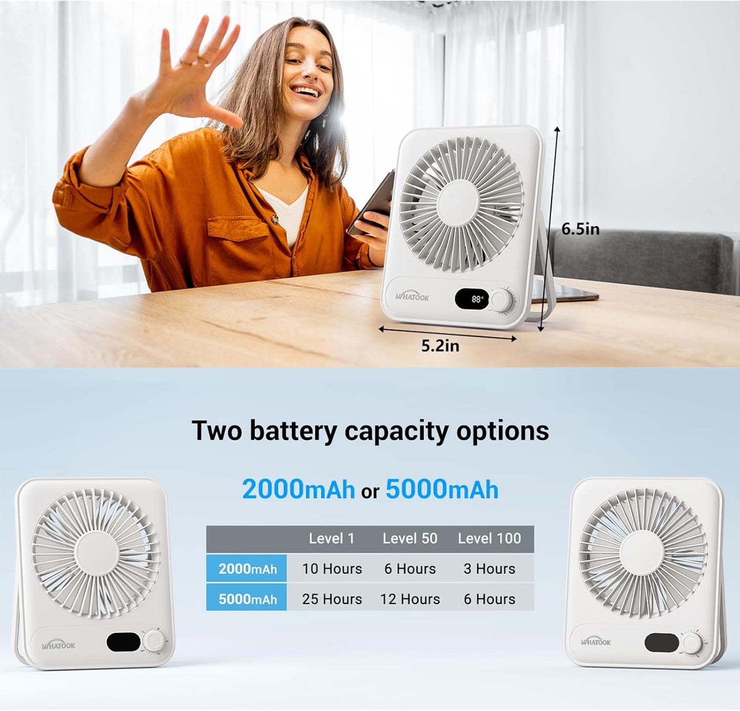 USB-Tischventilator, 2000mAh Weiß