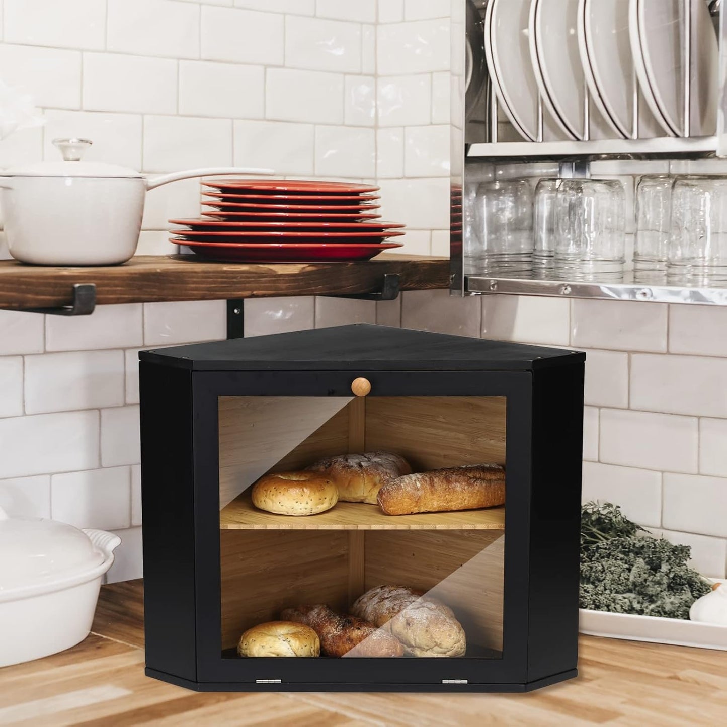 2-Etagen-Brotkasten für die Ecke, Black(32x32x34cm/12.6"x12.6"x13.4")