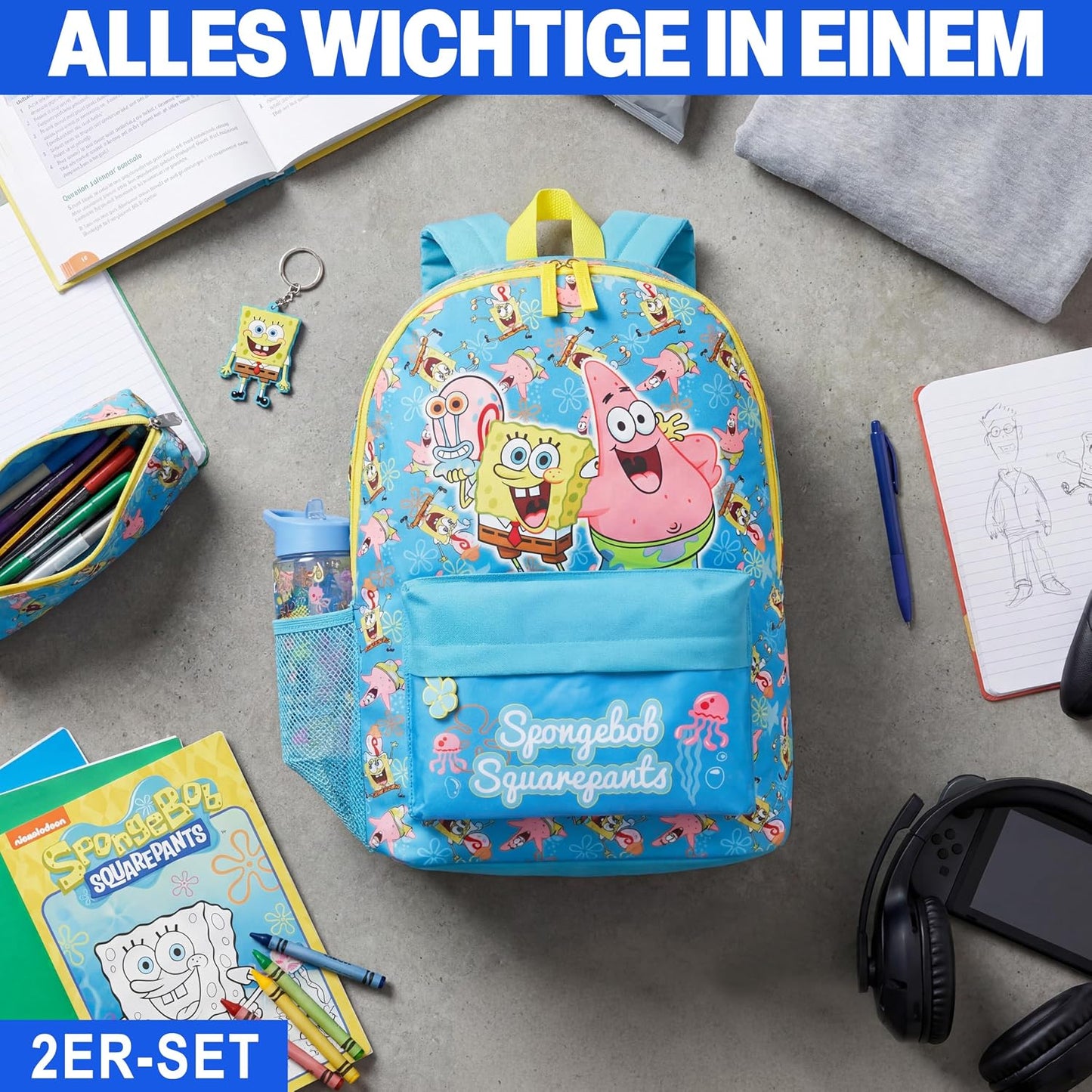 Spongebob Kinderrucksack-Set mit Trinkflasche, Multi Spongebob
