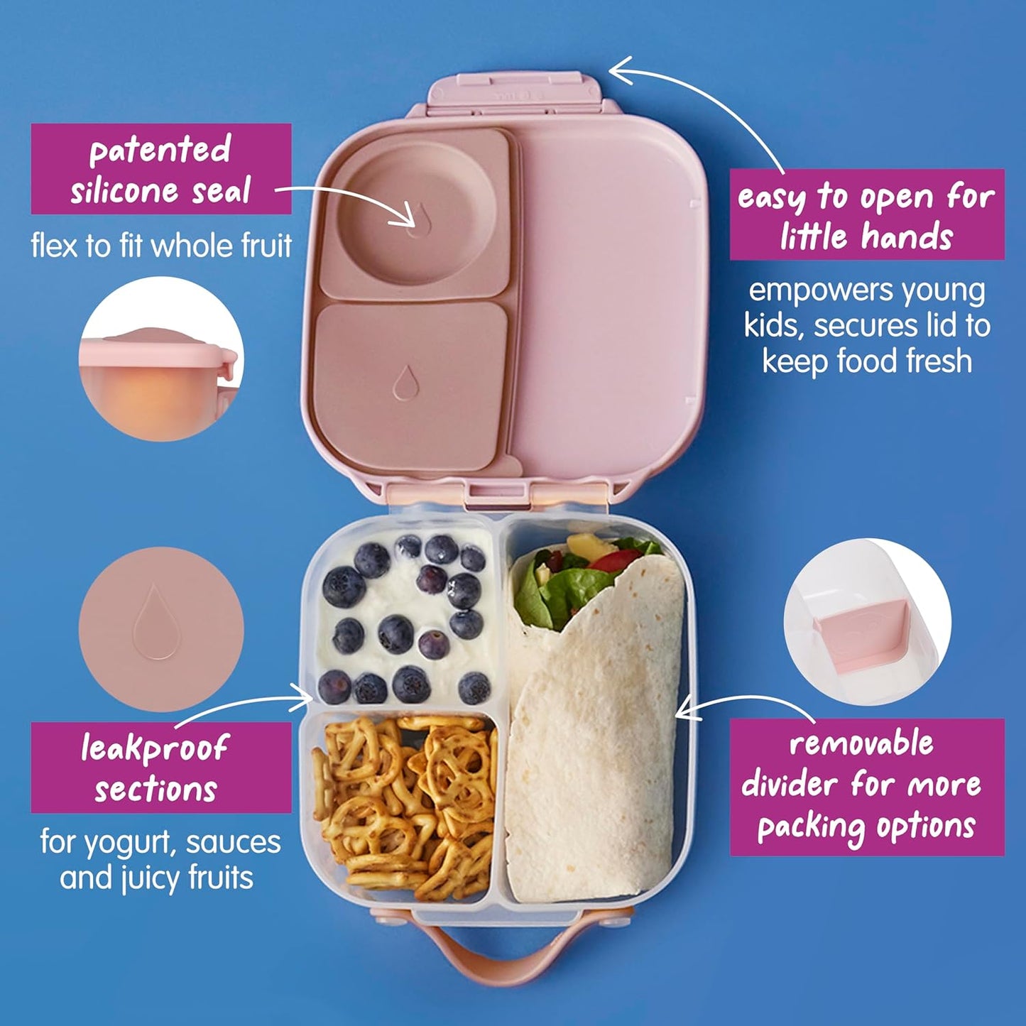 Mini Brotdose Bento-Box mit 3 Fächern, Blush Crush