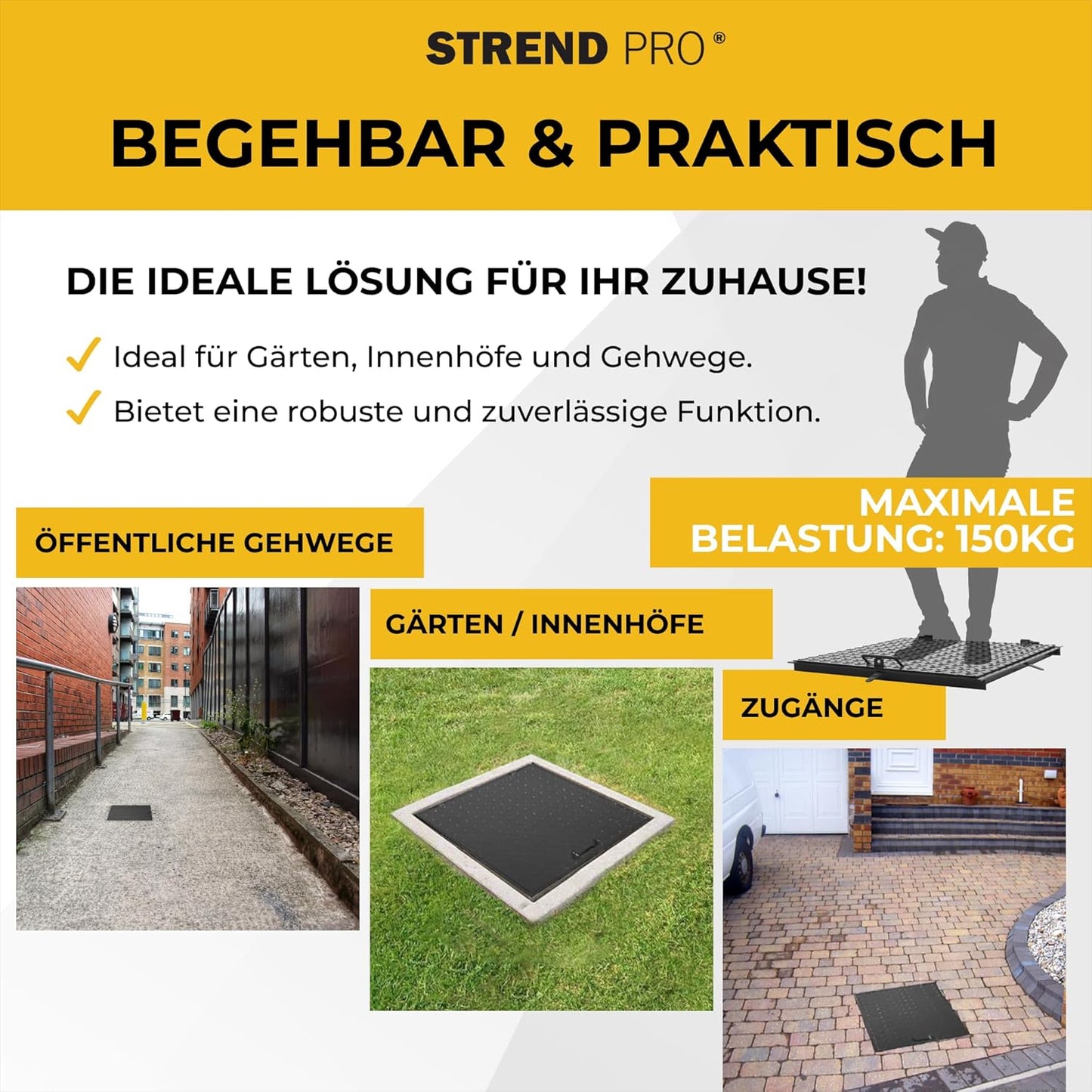 Quadratische Schachtabdeckung 60x60 cm abschliessbar, 60 x 60 cm (Quadratisch) Schwarz