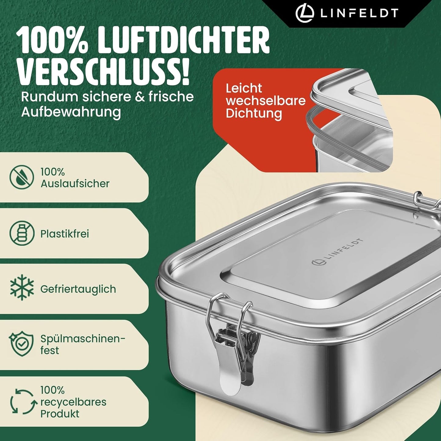 Brotdose mit 3 Fächern, Edelstahl 1400ml