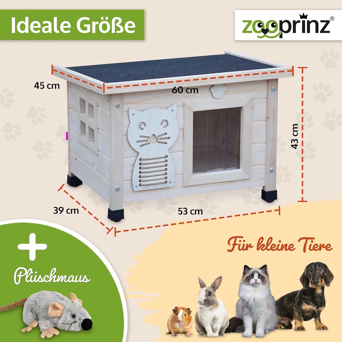 Premium Katzenhaus aus Holz mit Schwingtür, Natur Standard