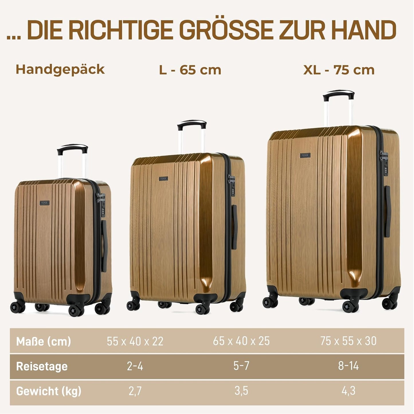 3-teiliges Hartschalenkofferset mit TSA-Schloss, 3er Set Bronze-metallic