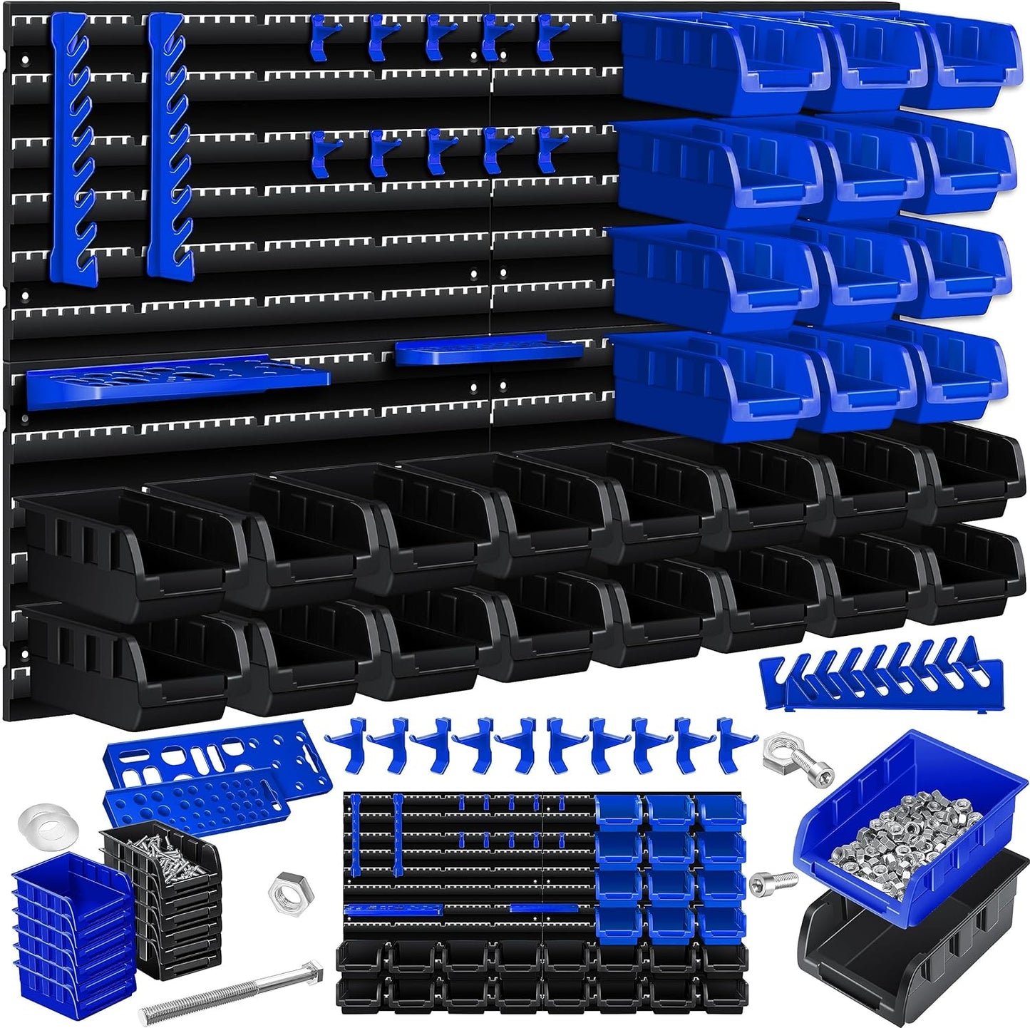 Wandregal, Stapelboxen + Werkzeughalter Schwarz / Blau