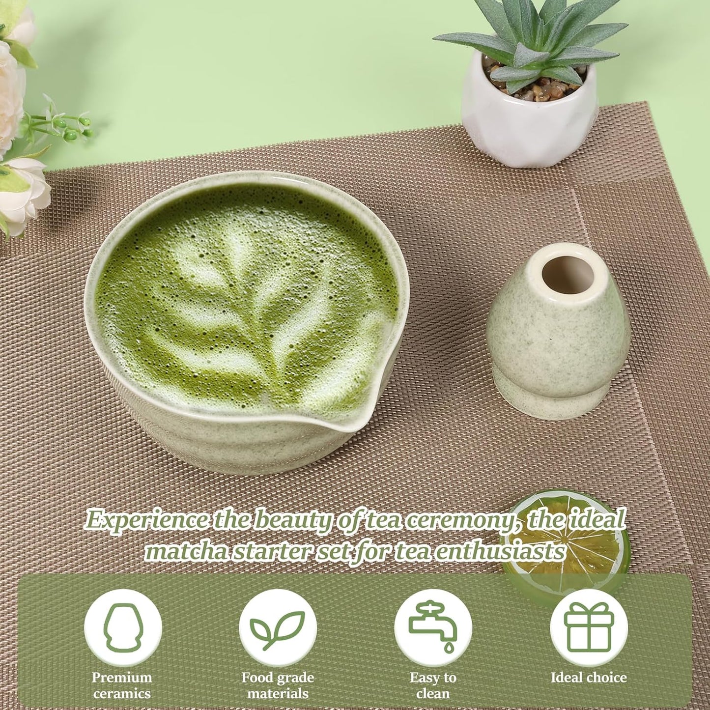 Matcha Teeschalen-Set mit Schneebesenhalter, Matcha Grün
