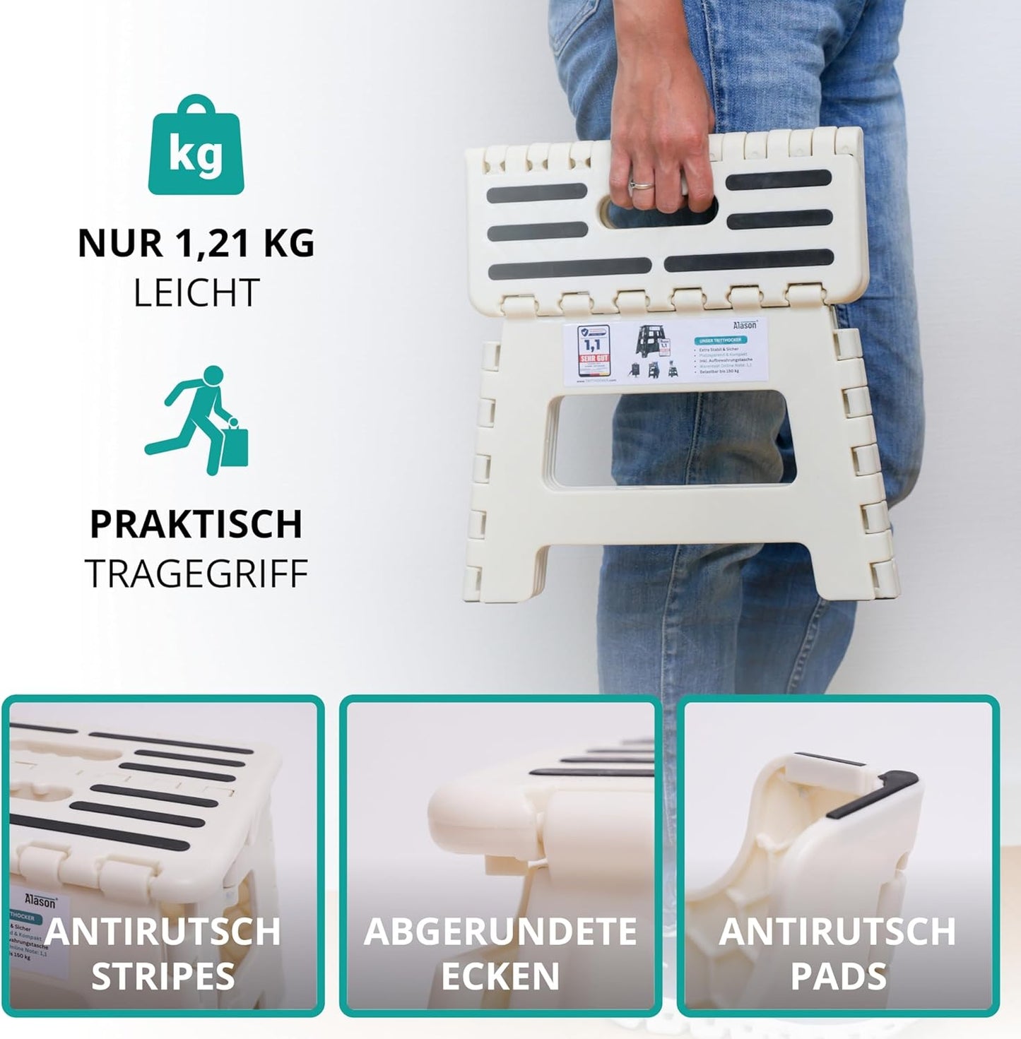 Klappbarer Tritthocker mit Aufhängehaken & Aufbewahrungstasche, Weiss/Beige 22cm Hoch