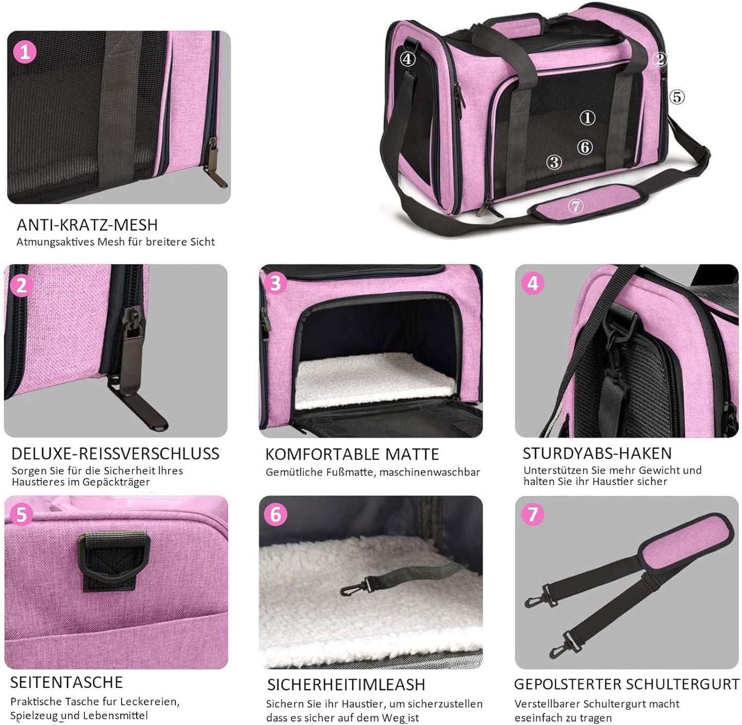Faltbare Transporttasche für Katzen und Hunde (8 kg), L 50 x B 34 x H 34 cm Rosa