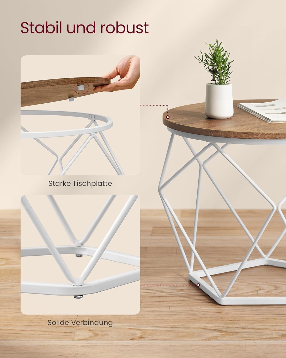Runder Couchtisch-Set mit abnehmbarer Platte (2-teilig), (50d x 40H) cm+(40d x 36H) cm Honigbraun + Wolkenweiss