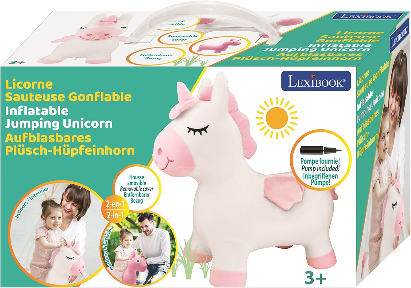 Aufblasbares Hüpf-Einhorn mit Pumpe und abnehmbarem Bezug, Einhorn - Mit Hülle