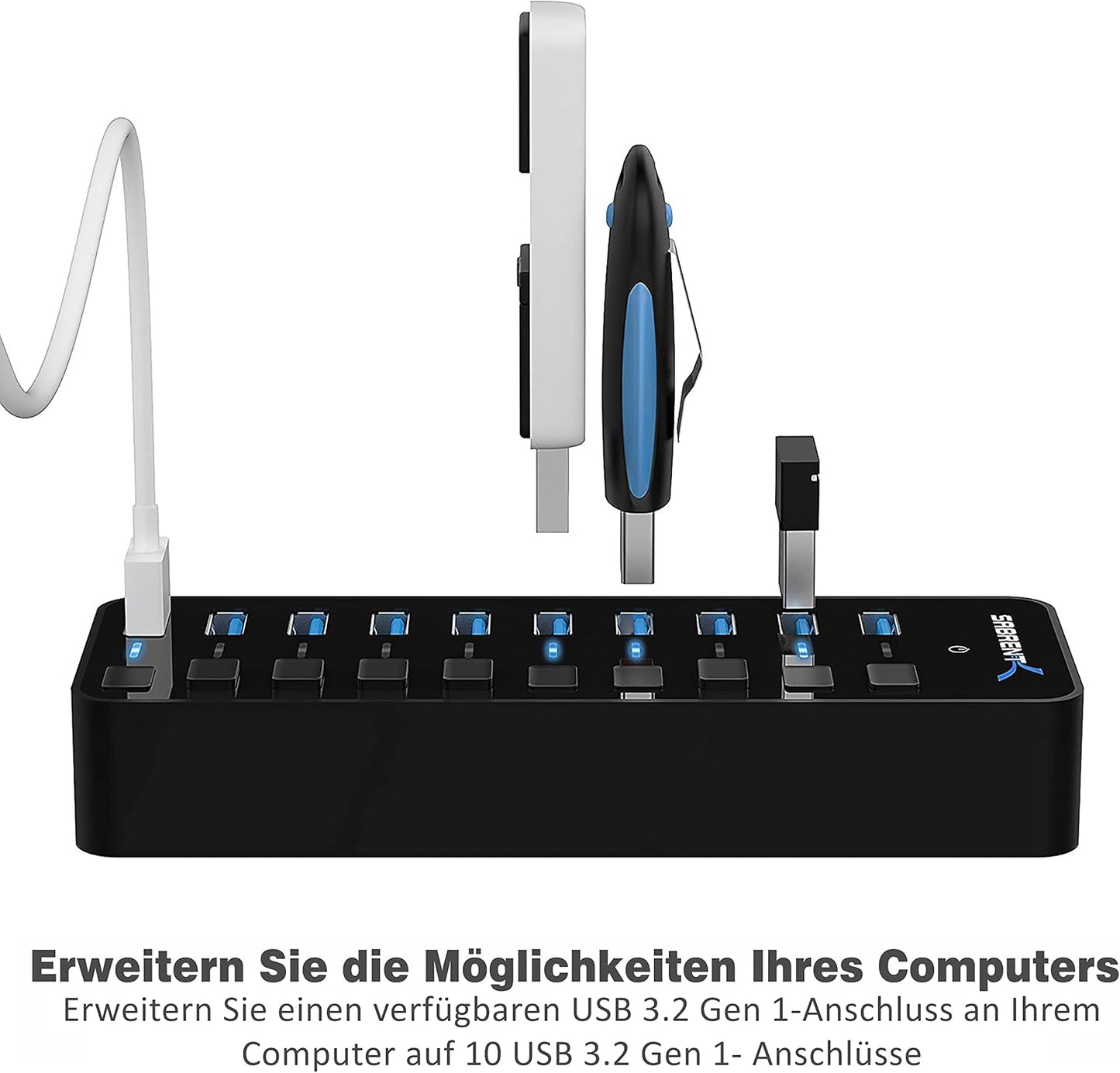 HB-BU10 USB-Hub 3.0 mit Netzteil, 10 Ports, 10 Port + netzteil