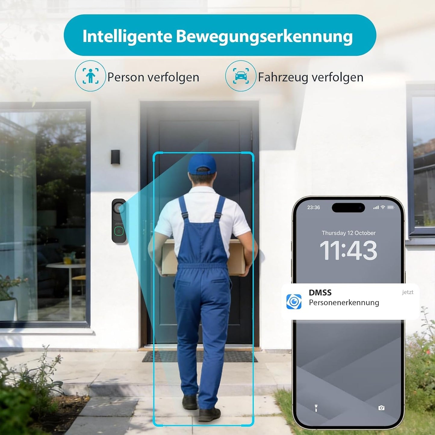 DH-DB41AB Video-Türklingel mit 2K-Kamera und KI-Erkennung, Schwarz Videotürklingel