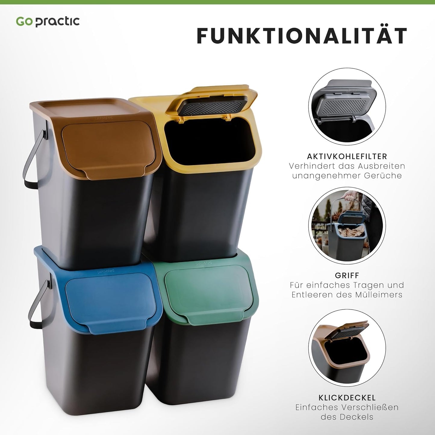 Abfalleimer mit Deckel 25L, Click-Function & Kohlefilter, Schwarz, mit Kohlefilter