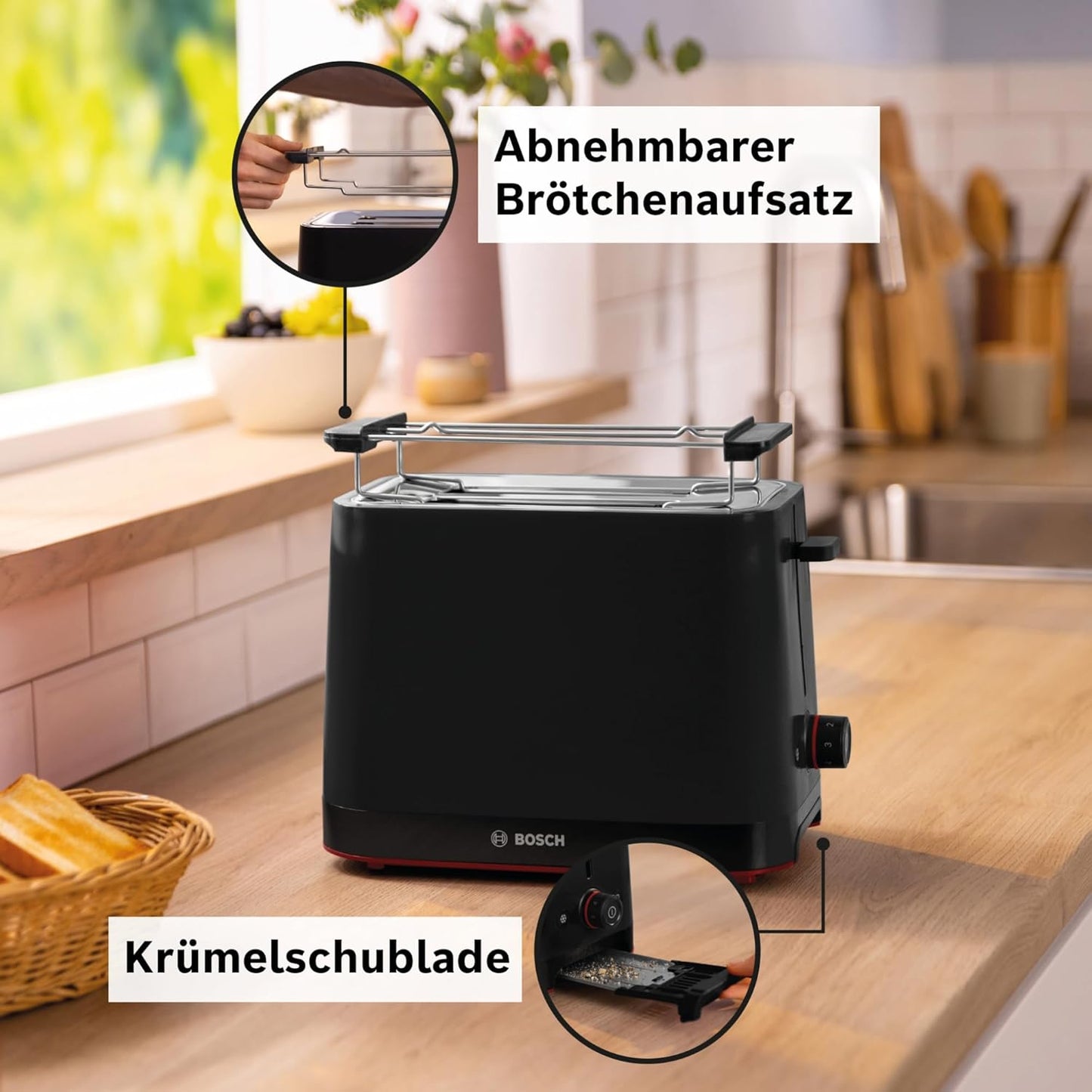 MyMoment Toaster mit Brötchenaufsatz, Schwarz