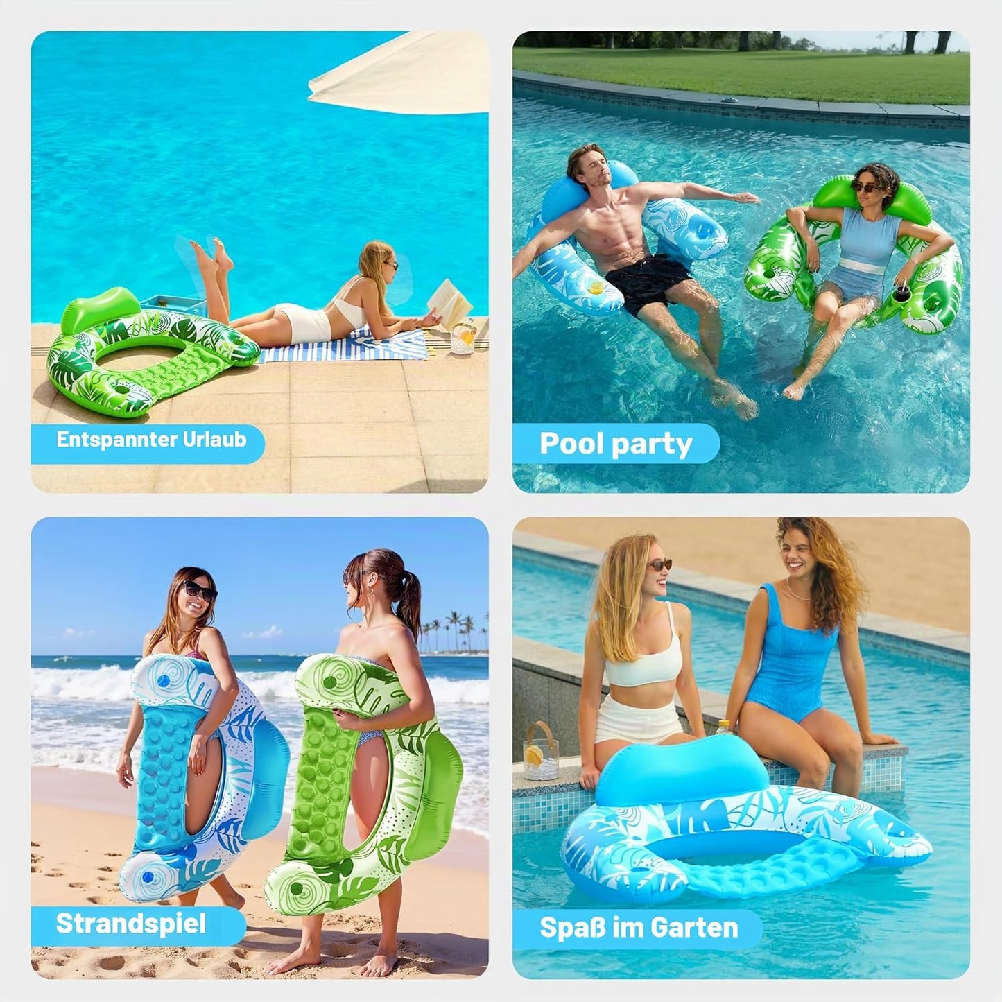 Aufblasbare Pool-Flösse mit Getränkehaltern, 2er-Set, Blau, Grün