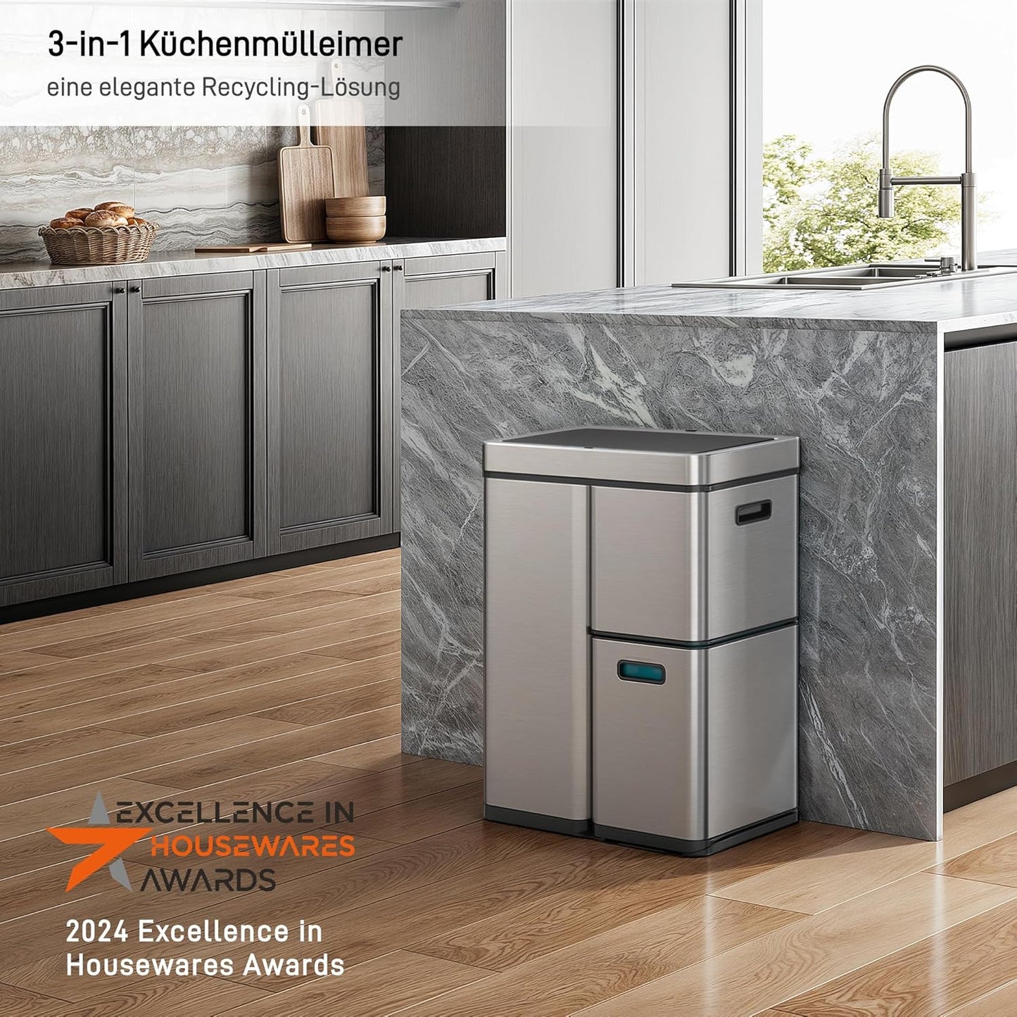Mülltrennsystem mit 3 Fächern, 30+15+15 Liter-Edelstahl