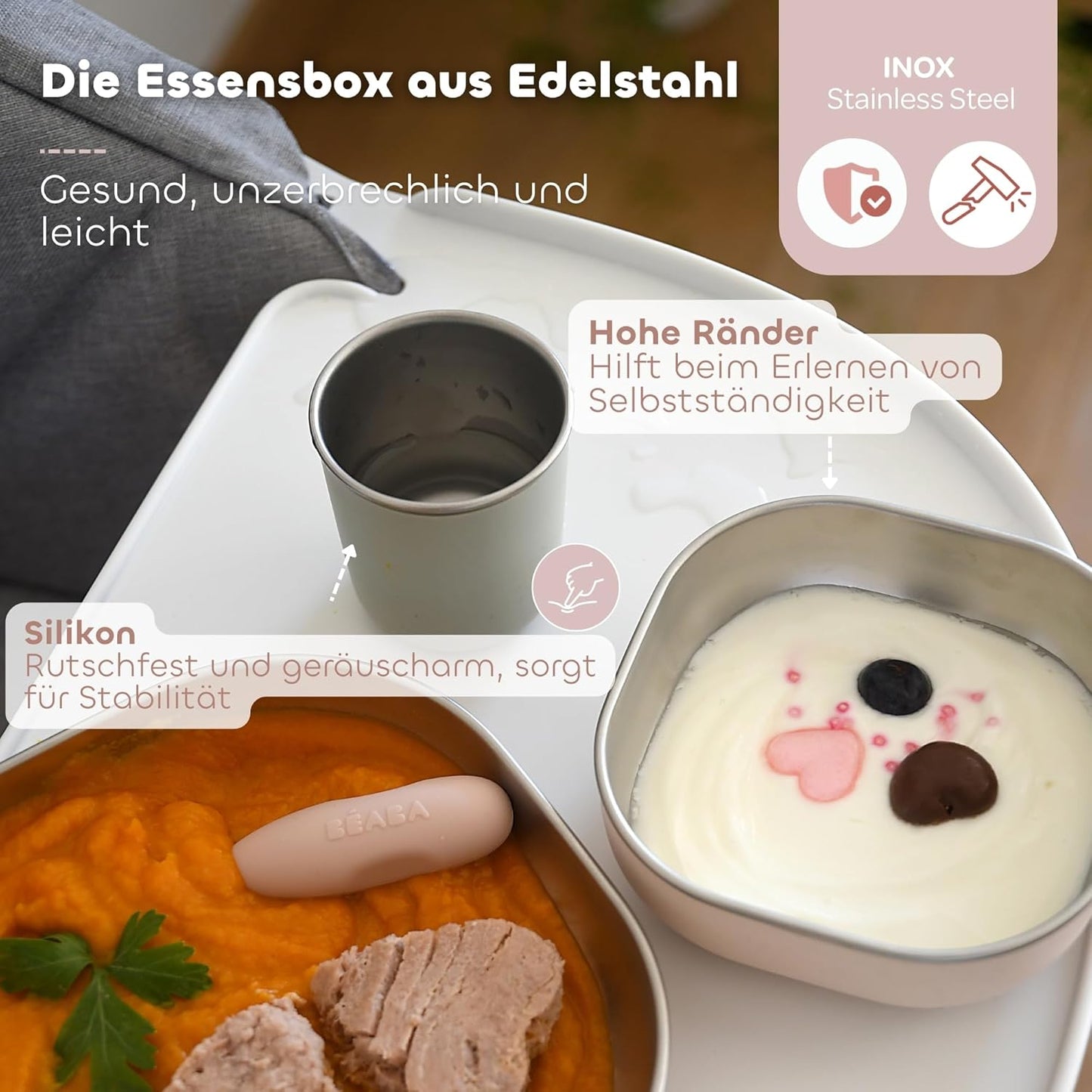 Baby-Essensset Edelstahl, 3-teilig, Glas + Teller-Set, Barbapapa