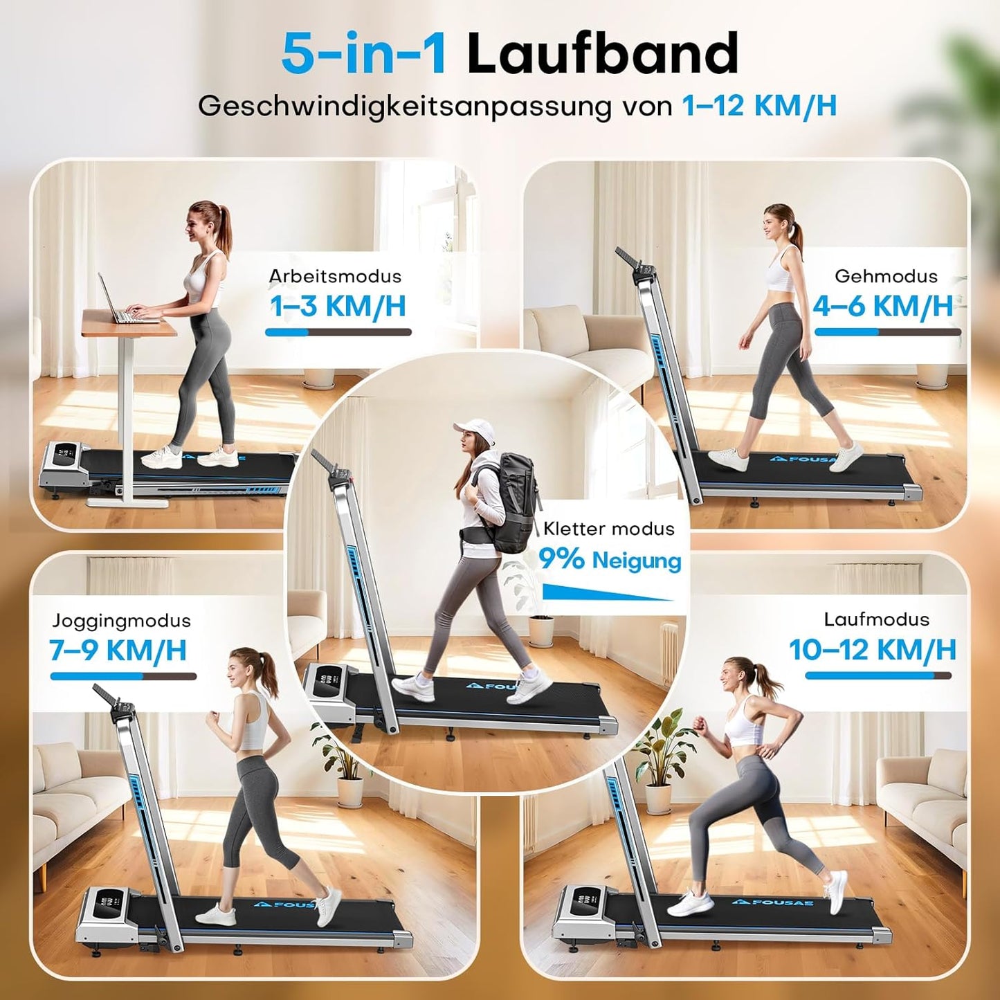 5-in-1 klappbares Laufband mit Steigung und App, Silber blau