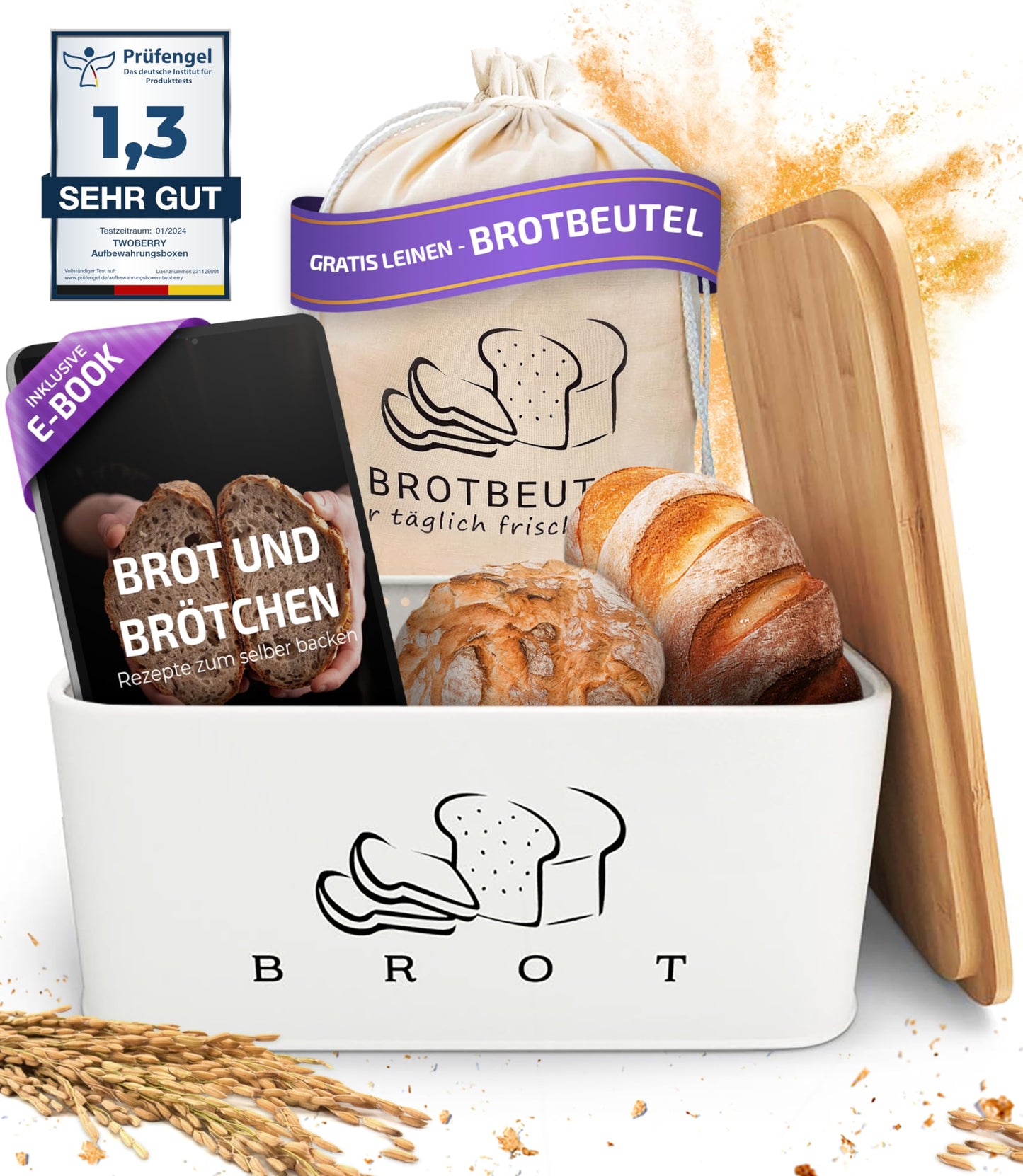 2-in1 Brotbox mit Bambusdeckel & Brotbeutel, Weiss