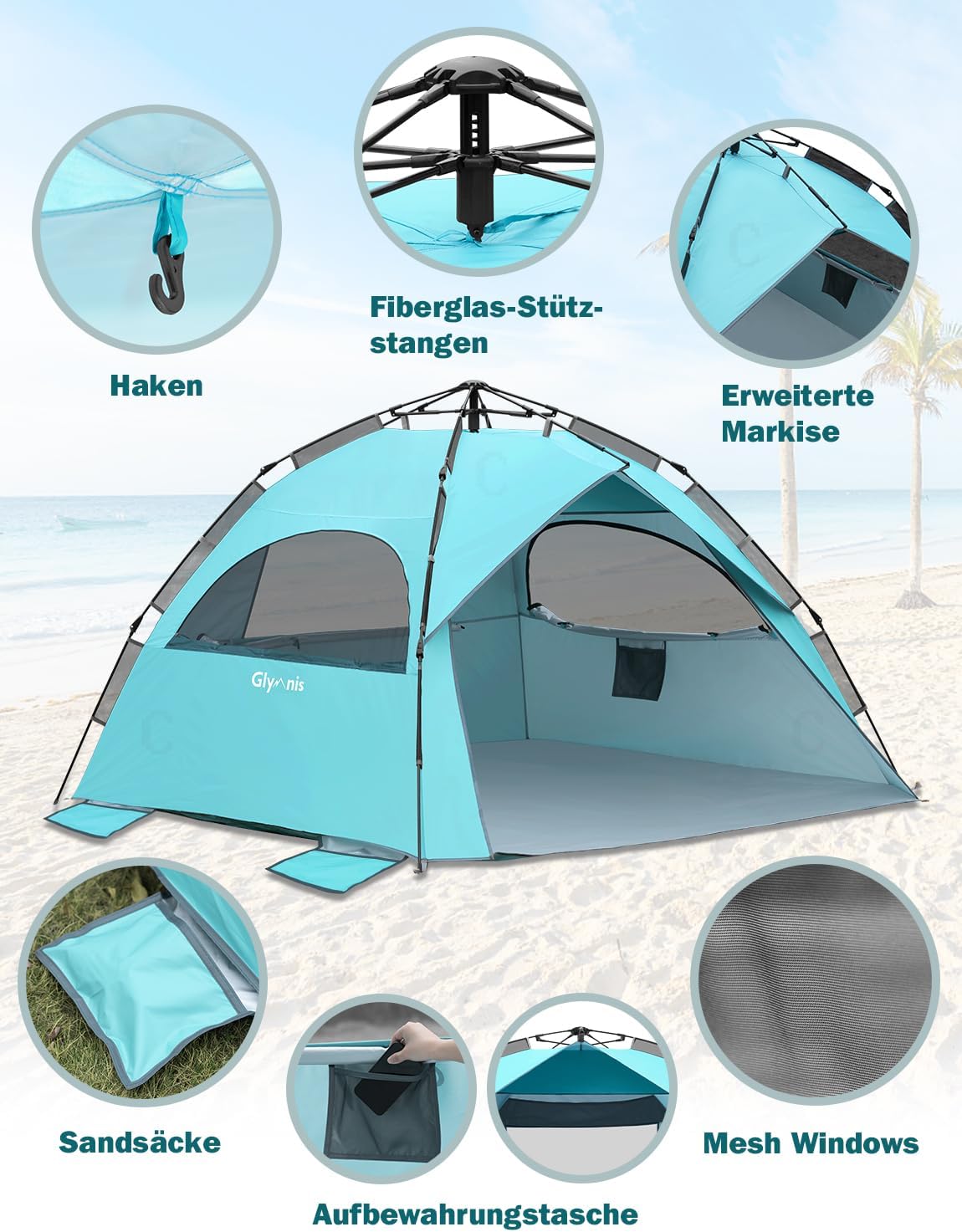 Quick-Up Strandmuschel mit UV-Schutz 50+ für 4-6 Personen, Blau mit silbernem Vinyl
