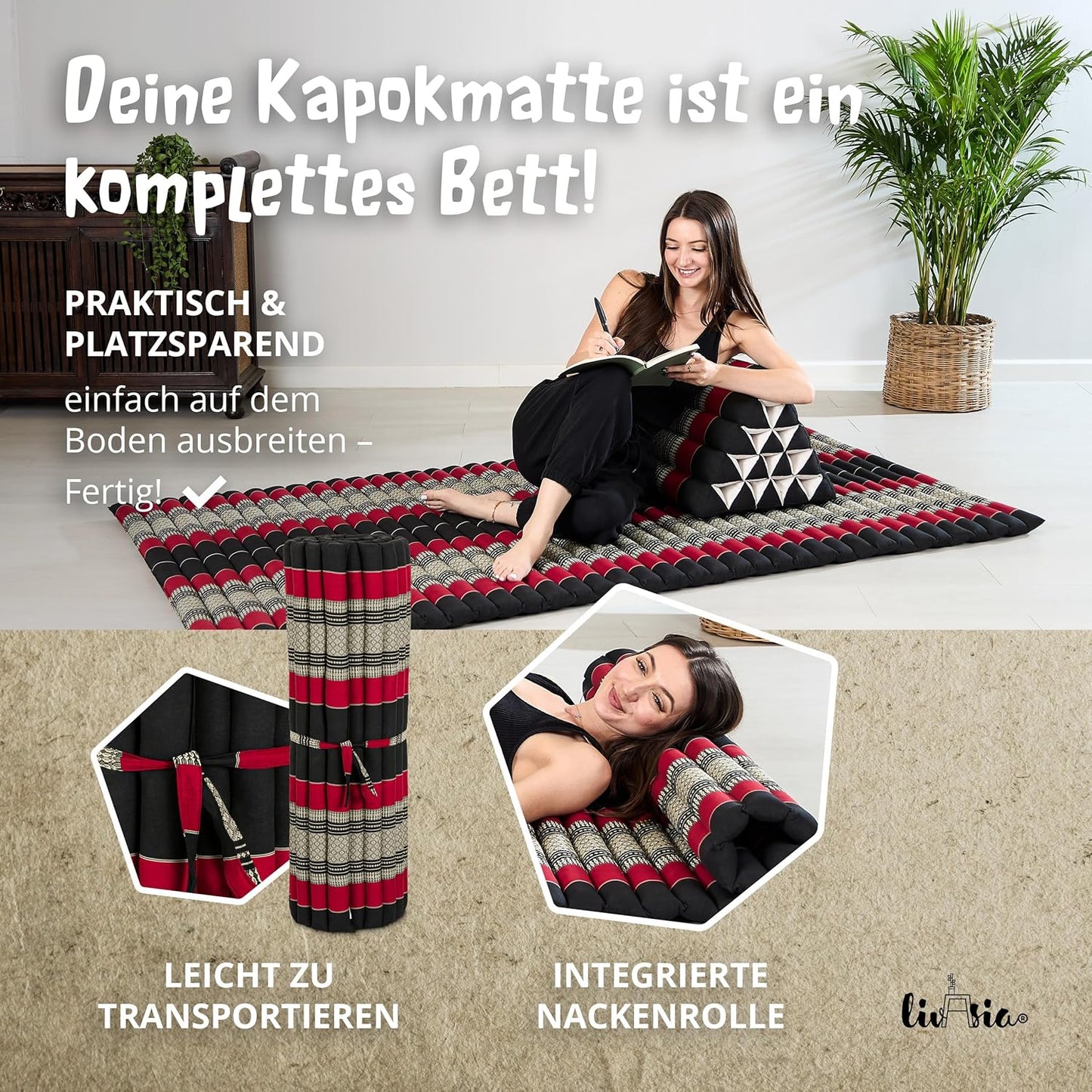 Rollmatratze Gästebett L-200x110x4,5cm, L (200 x 110 cm) Schwarz/Rot