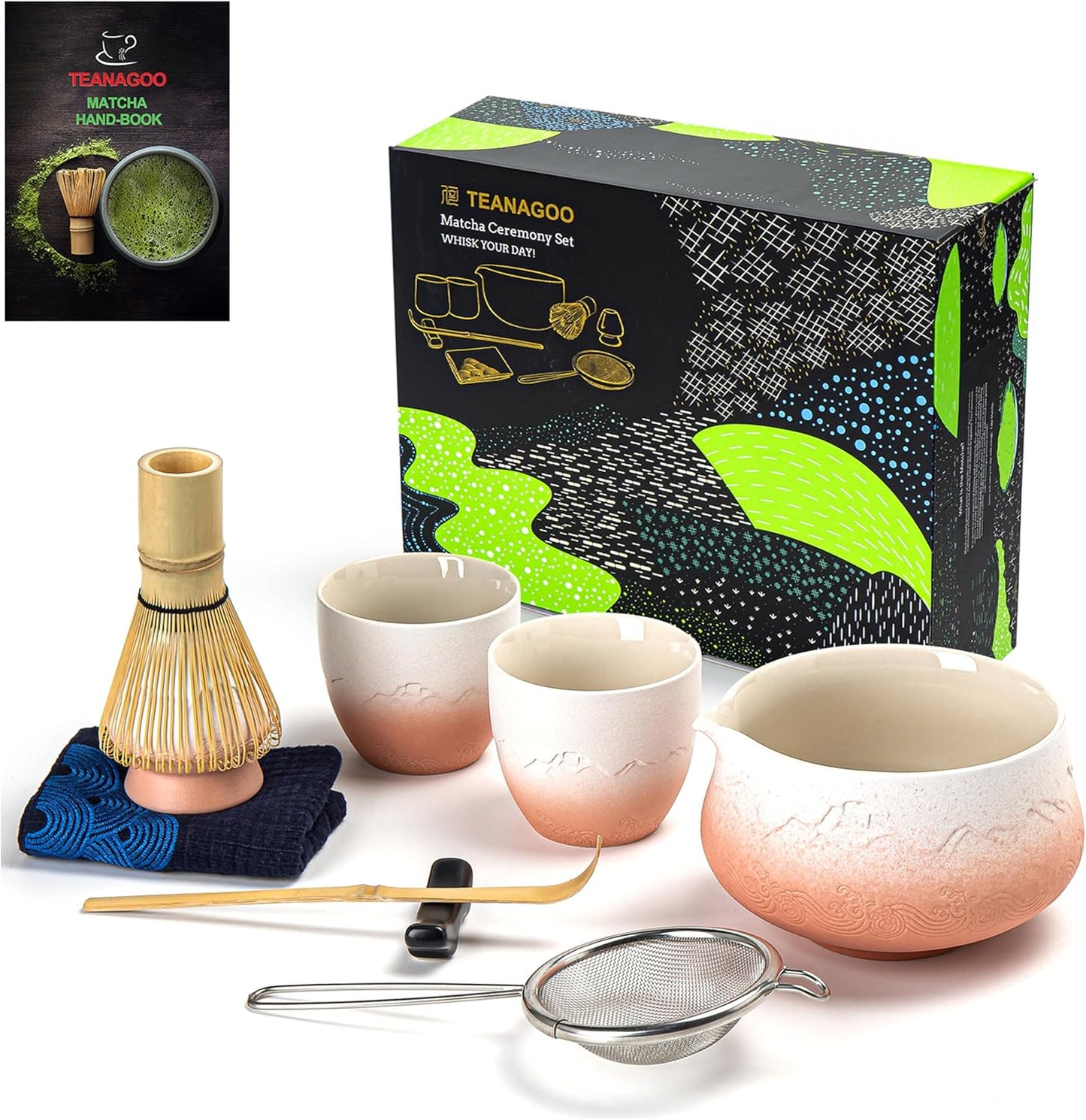Matcha Teezubereitungsset (9-teilig) mit Schale und Tassen, 9Stück/Set, Schüssel-Set + 2 Tassen Farbverlauf, Rosa, Weiß