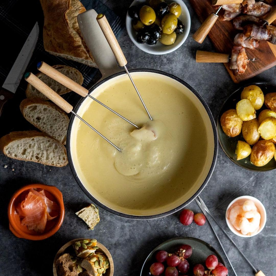 Fondue Set für 6 Personen (9-teilig), Creme / Creme Emailliert