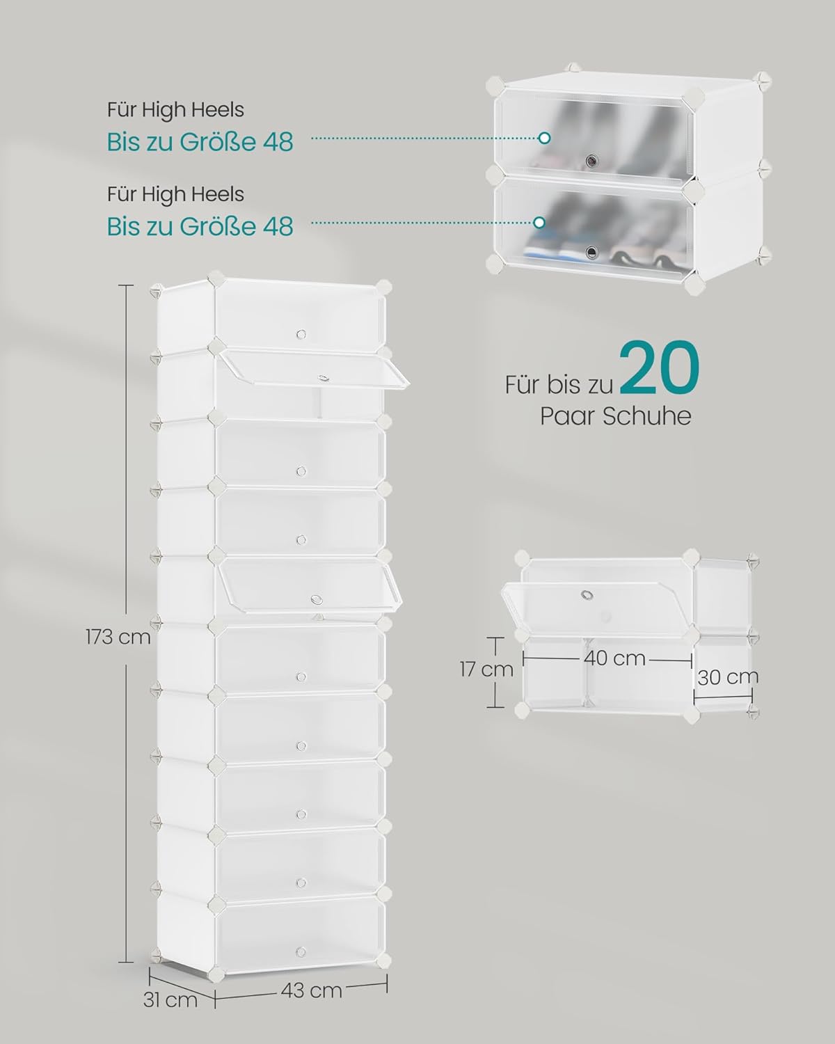 Schuhregal Stecksystem mit Türen (10 Ebenen), Weiss 1 Stück