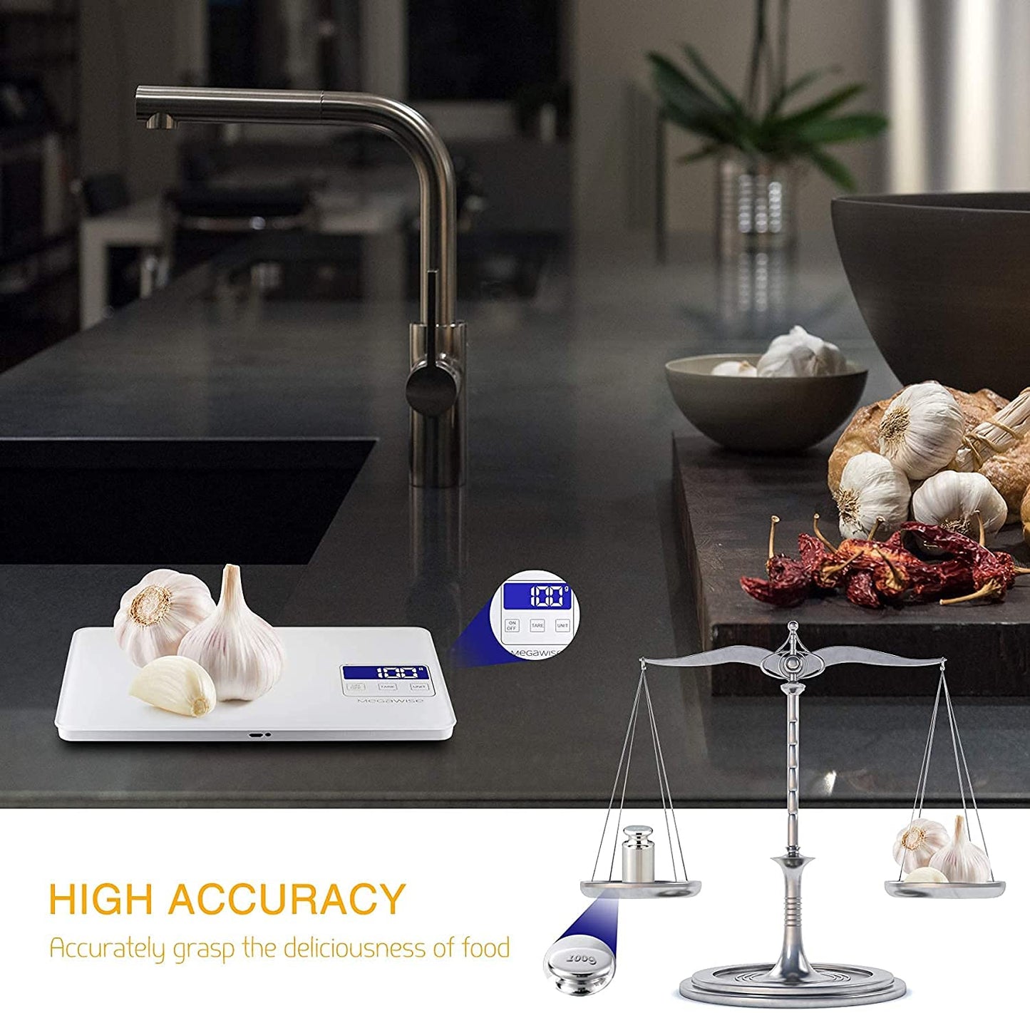 Digitale Küchenwaage mit 33lb Kapazität und Tara-Funktion, Weiss/opulenter Garten
