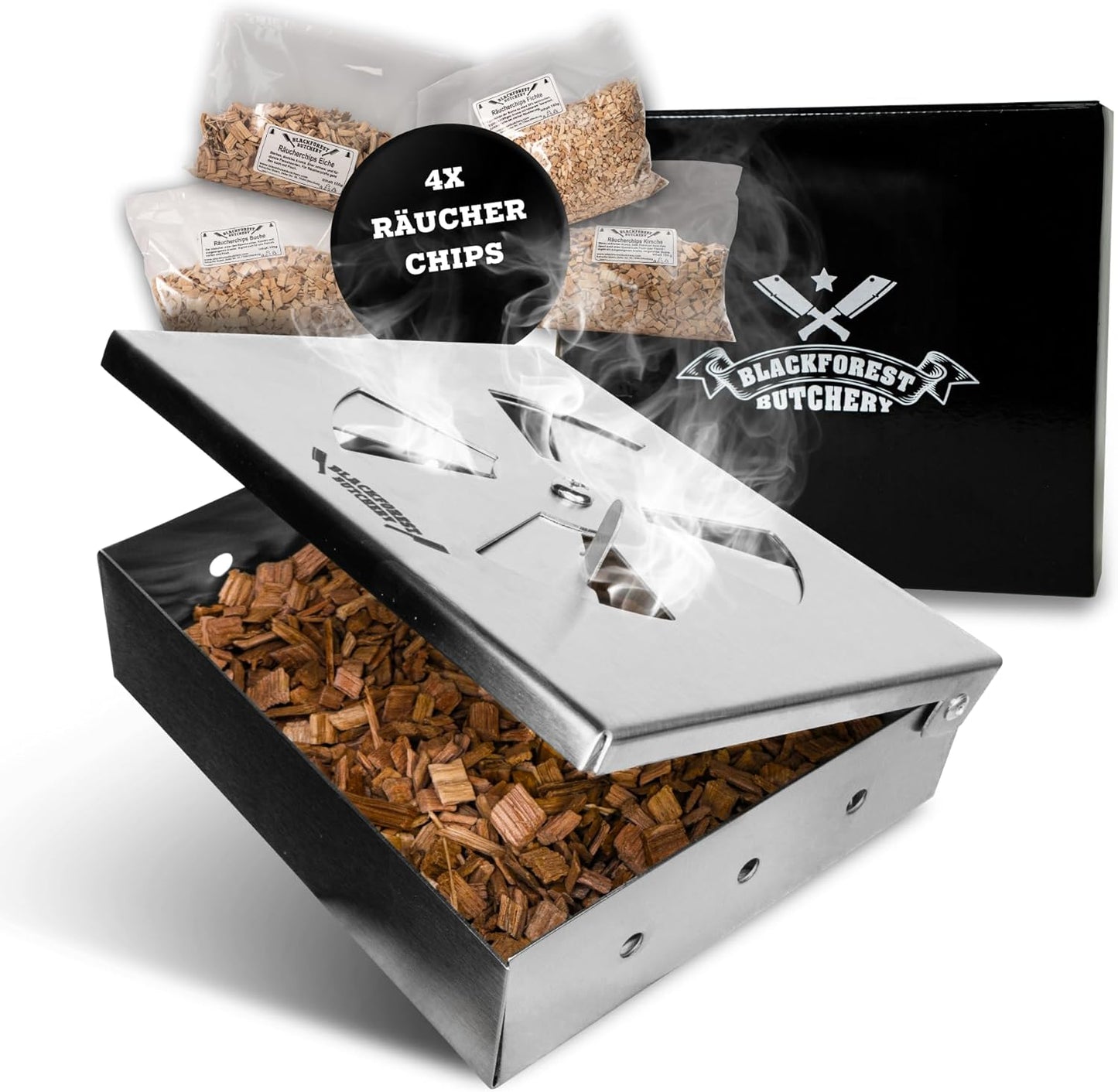 BBQ Räucherbox Set mit Räucherchips und Smokerbox, Räucherbox mit Räucherchips