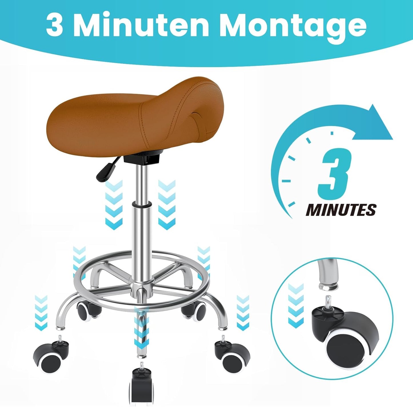 Ergonomischer Sattelhocker mit Rollen und Ringpedal, Braun