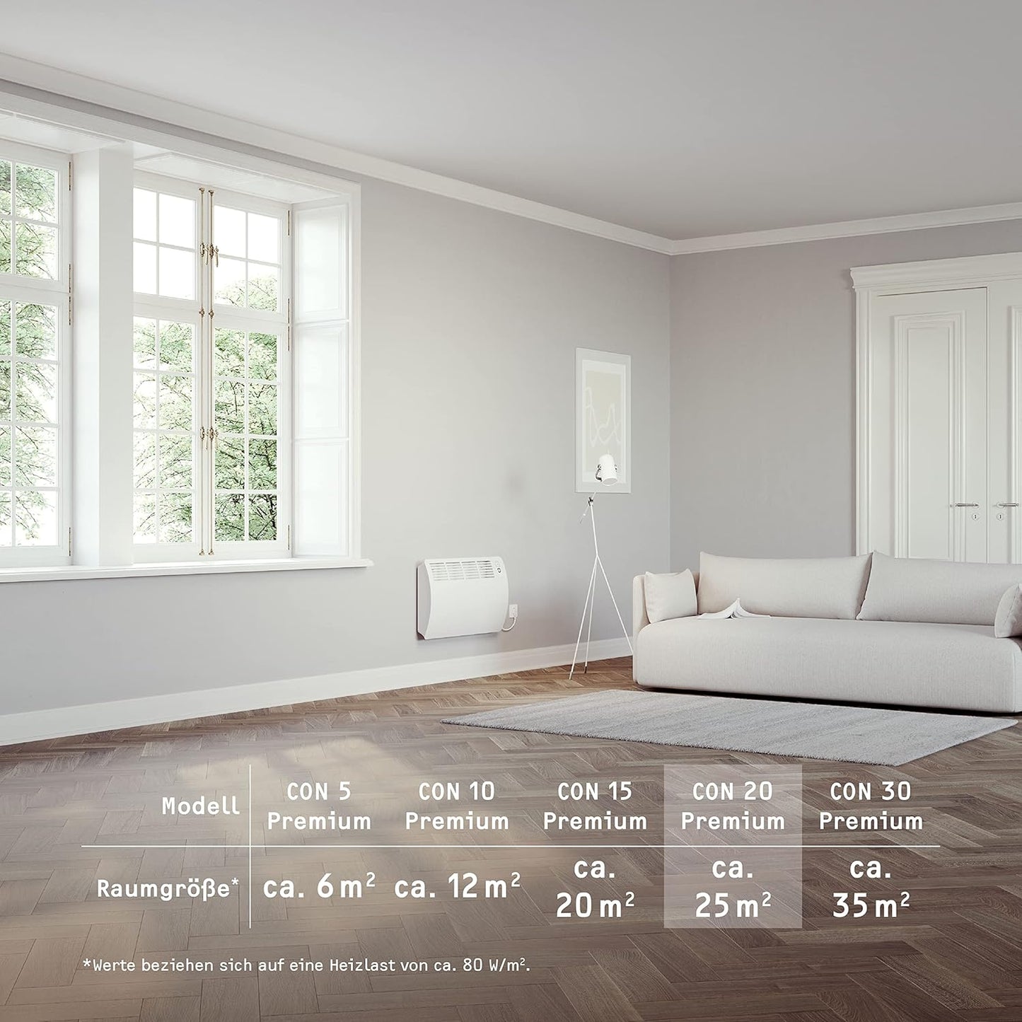 Wandkonvektor, für ca. 25 m² Aluminiumfront und 120.Min.-Timer Wandmontage 2024