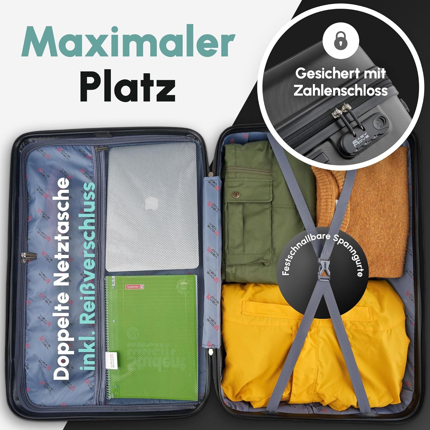 Handgepäck Hartschalenkoffer mit Zahlenschloss, 54 cm / Schwarz