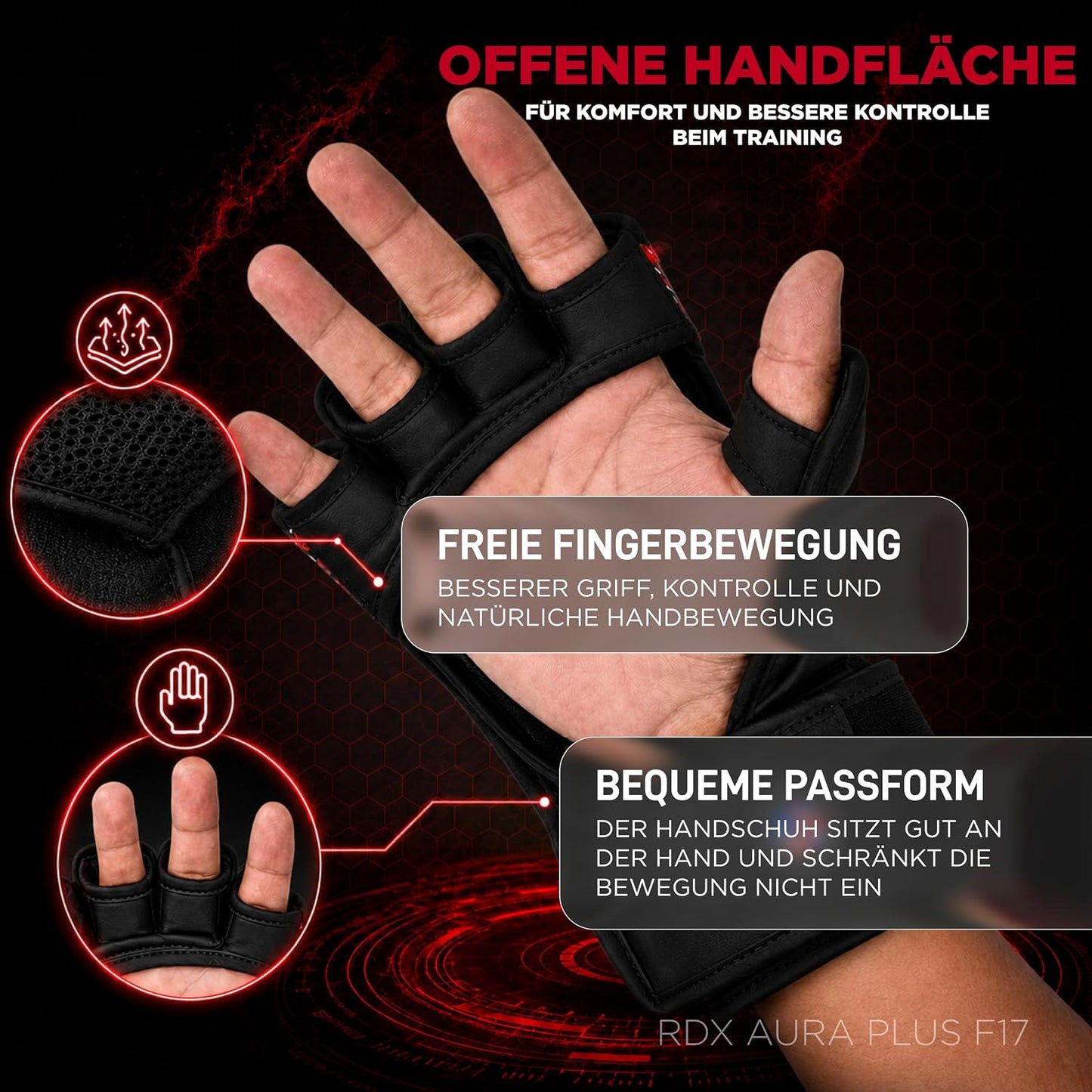 Grappling Handschuhe Aura Plus F-17 für MMA Training, Black/Red S