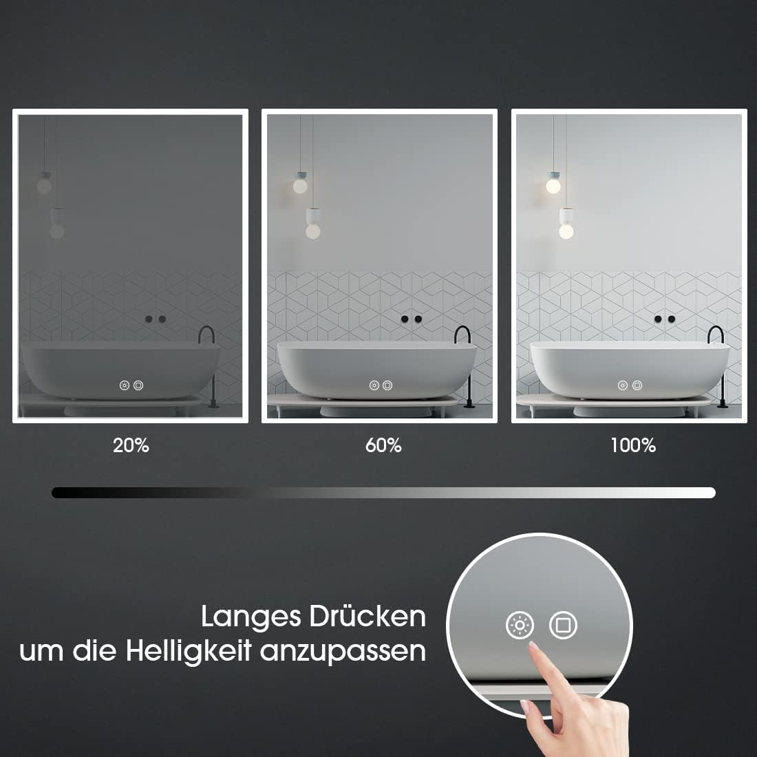 Badspiegel mit LED-Beleuchtung und Touchschalter, 80x60cm, 60x80CM Horizontal & Vertikal Ohne Wetterstation