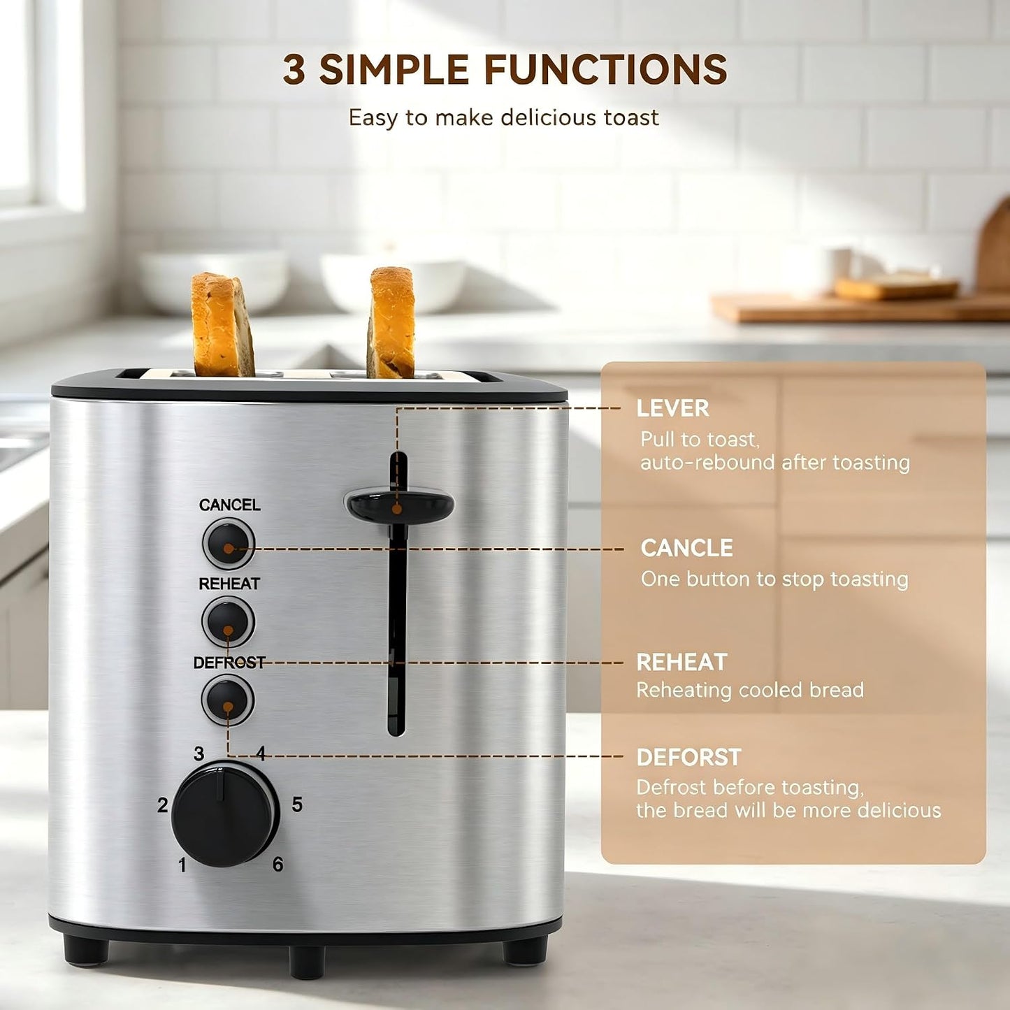 Edelstahl-Toaster mit 6 Bräunungsstufen und Funktionen