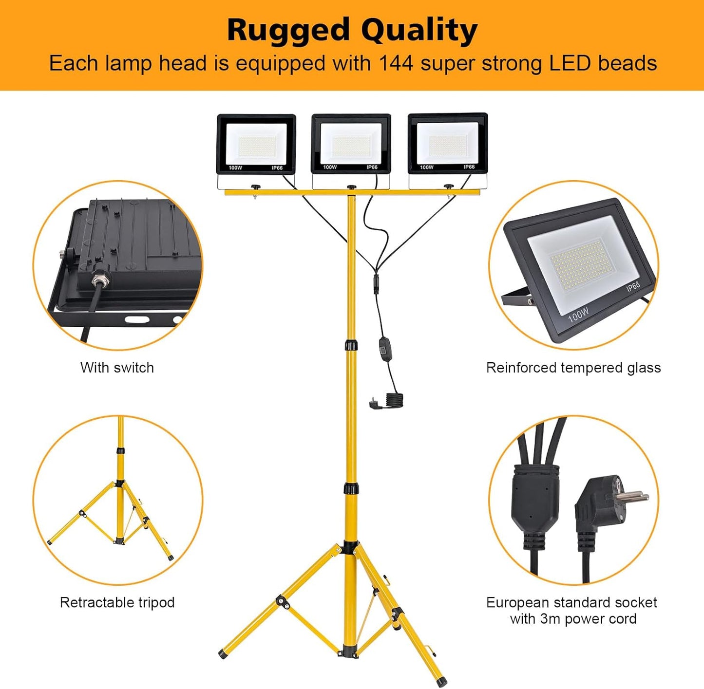 LED-Baustrahler mit Stativ, 300 Watt