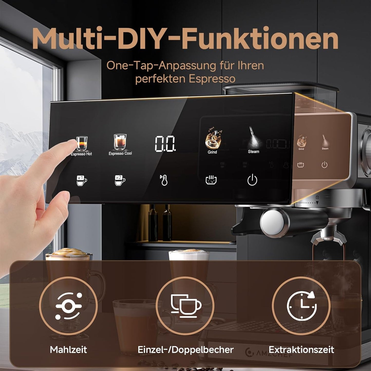 Siebträgermaschine mit Mahlwerk und Touchscreen