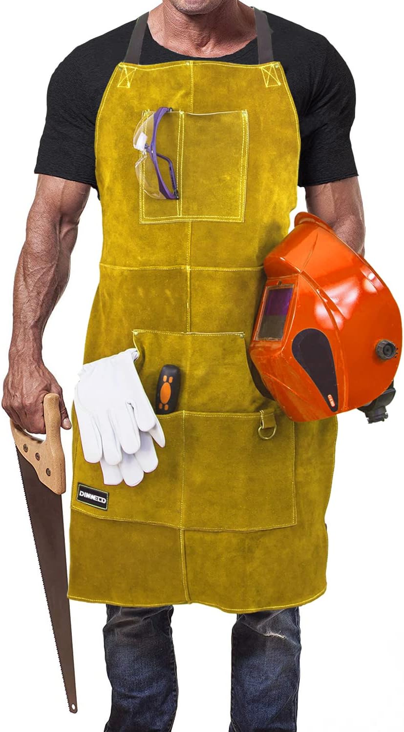 Lederschürze für Schweisser mit Werkzeugtaschen, Gelb